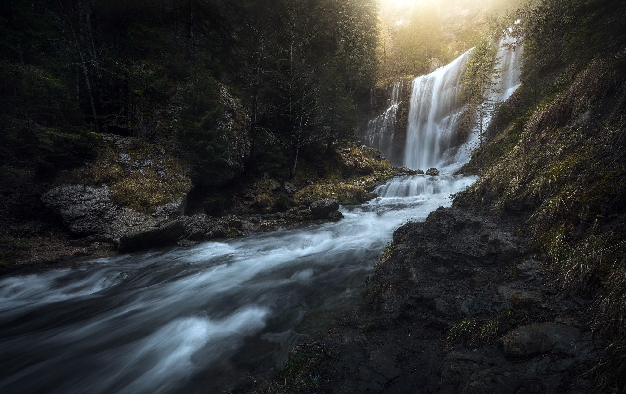 dark, water, waterfall, nature, outdoors, forest, HD Wallpaper