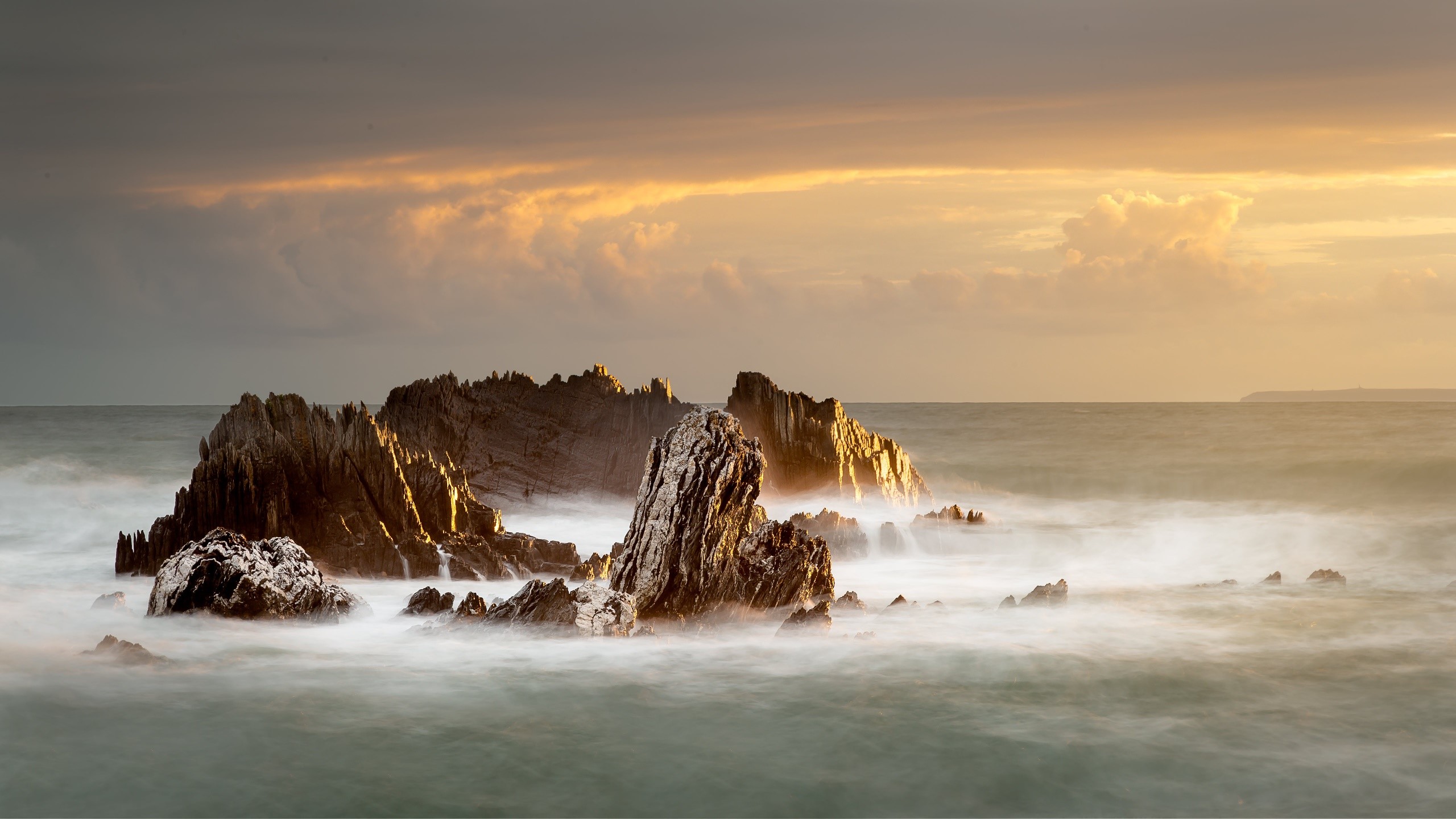 sea, sky, rock, nature, sunset, HD Wallpaper