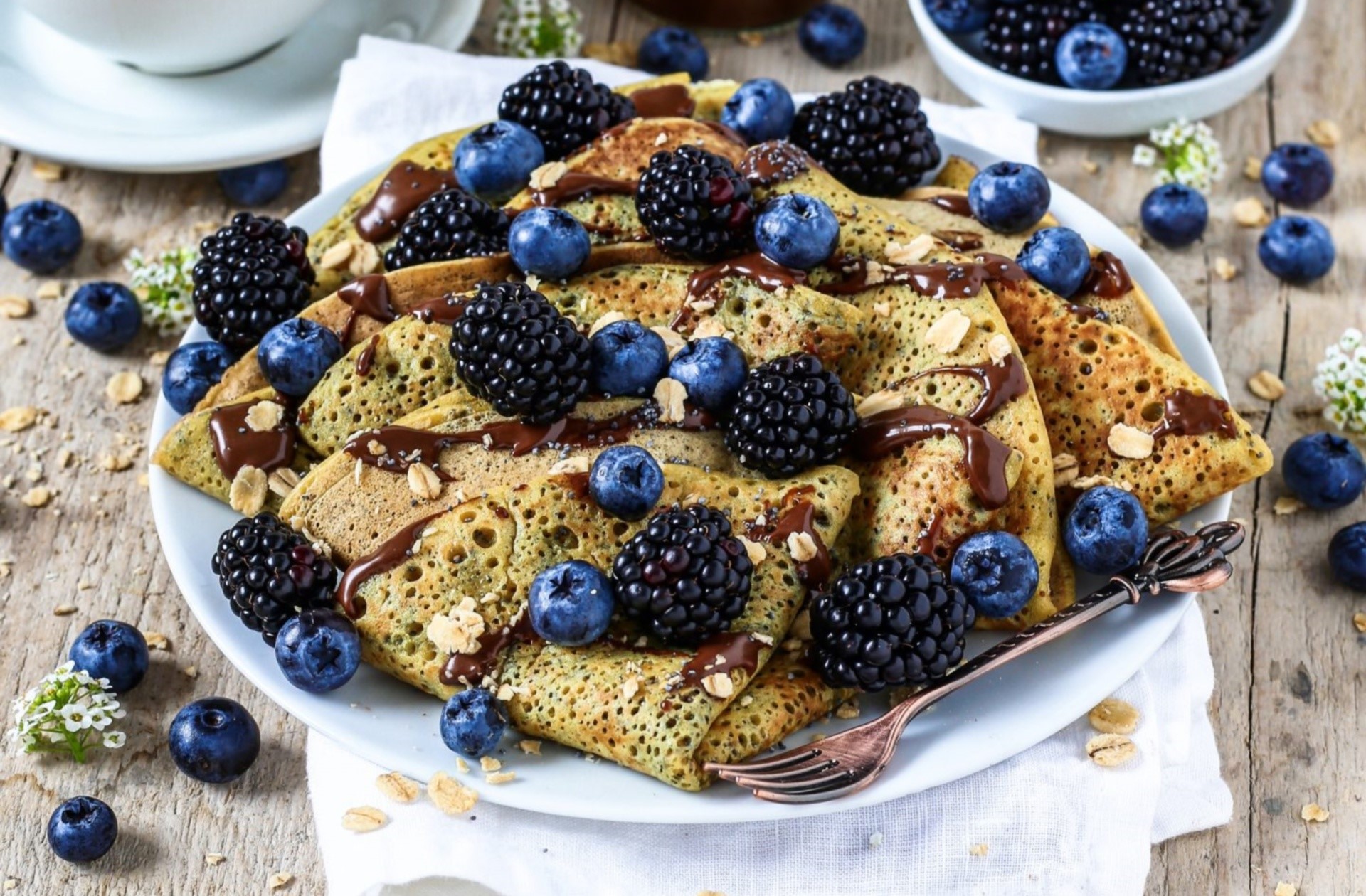 food, fruit, pancakes, berries, blackberries, HD Wallpaper