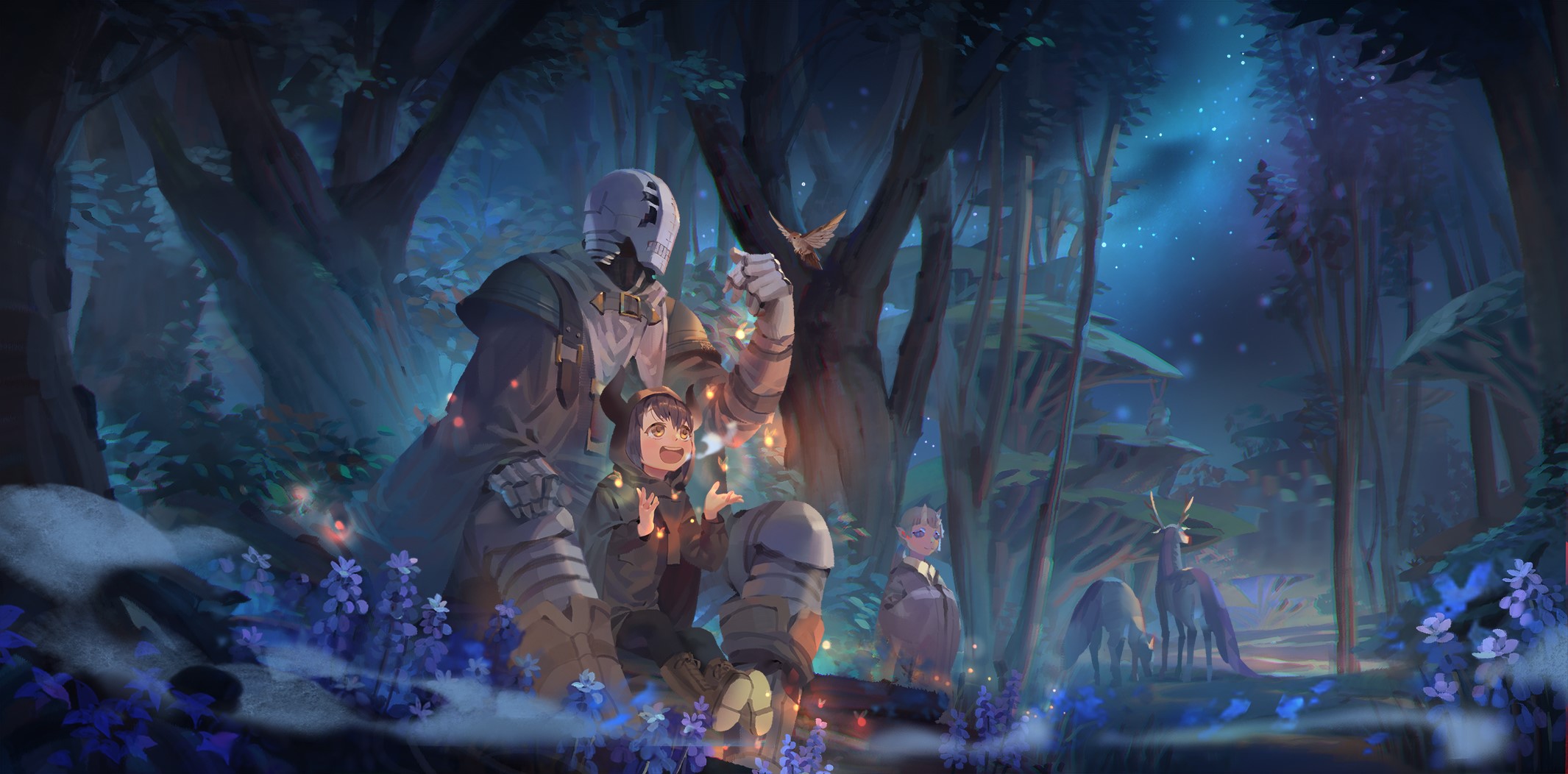 Somali to Mori no Kamisama, anime girls, golem, short hair, black hair, blue hair, forest, 2D, smiling, creature, Somali (Somari to Mori no Kami-sama), Golem (Somari to Mori no Kami-sama), Shizuno (Somari to Mori no Kami-sama), starry night, fantasy art, open mouth, loli, fan art, anime, HD Wallpaper