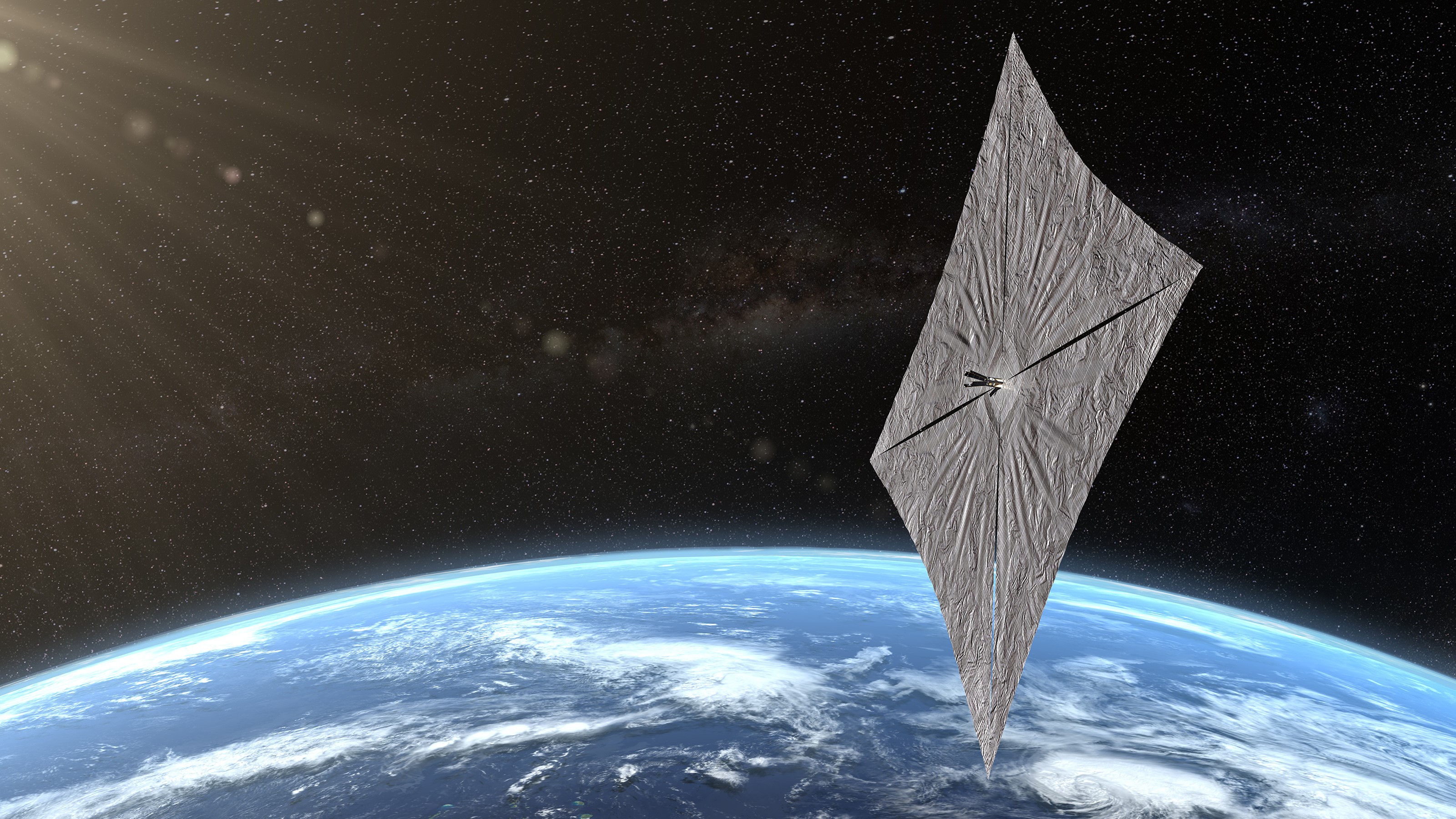 space, Earth, planet, solar sail, lens flare, stars, digital art, HD Wallpaper