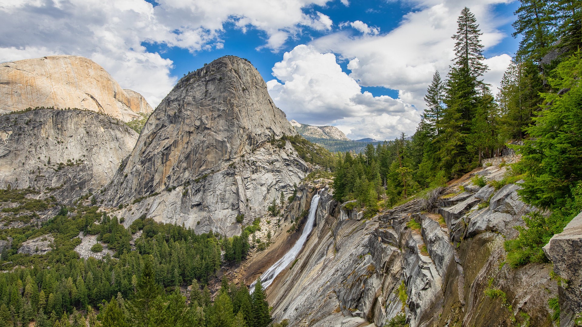 nature, landscape, mountains, waterfall, sky, clouds, trees, park, national park, California, USA, HD Wallpaper