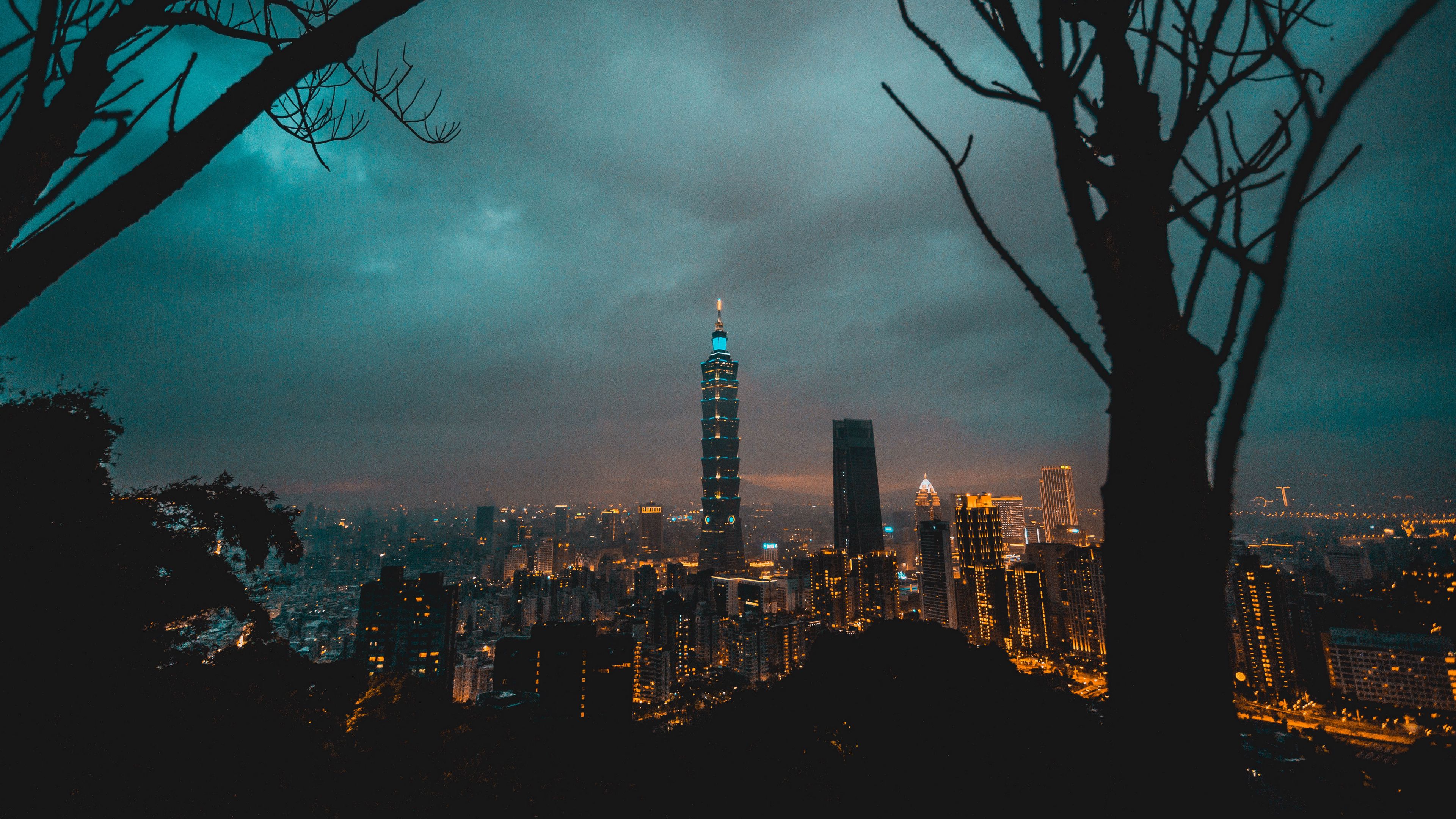 city, tower, cityscape, evening, lights, thunderclouds, 4k, HD Wallpaper