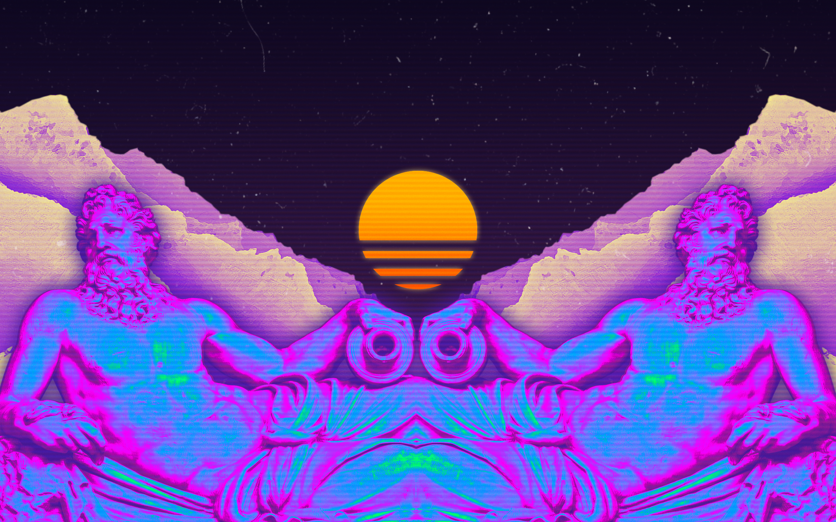 digital art, artwork, illustration, vaporwave, synthwave, Retrowave, Sun, purple, pink, mountains, HD Wallpaper
