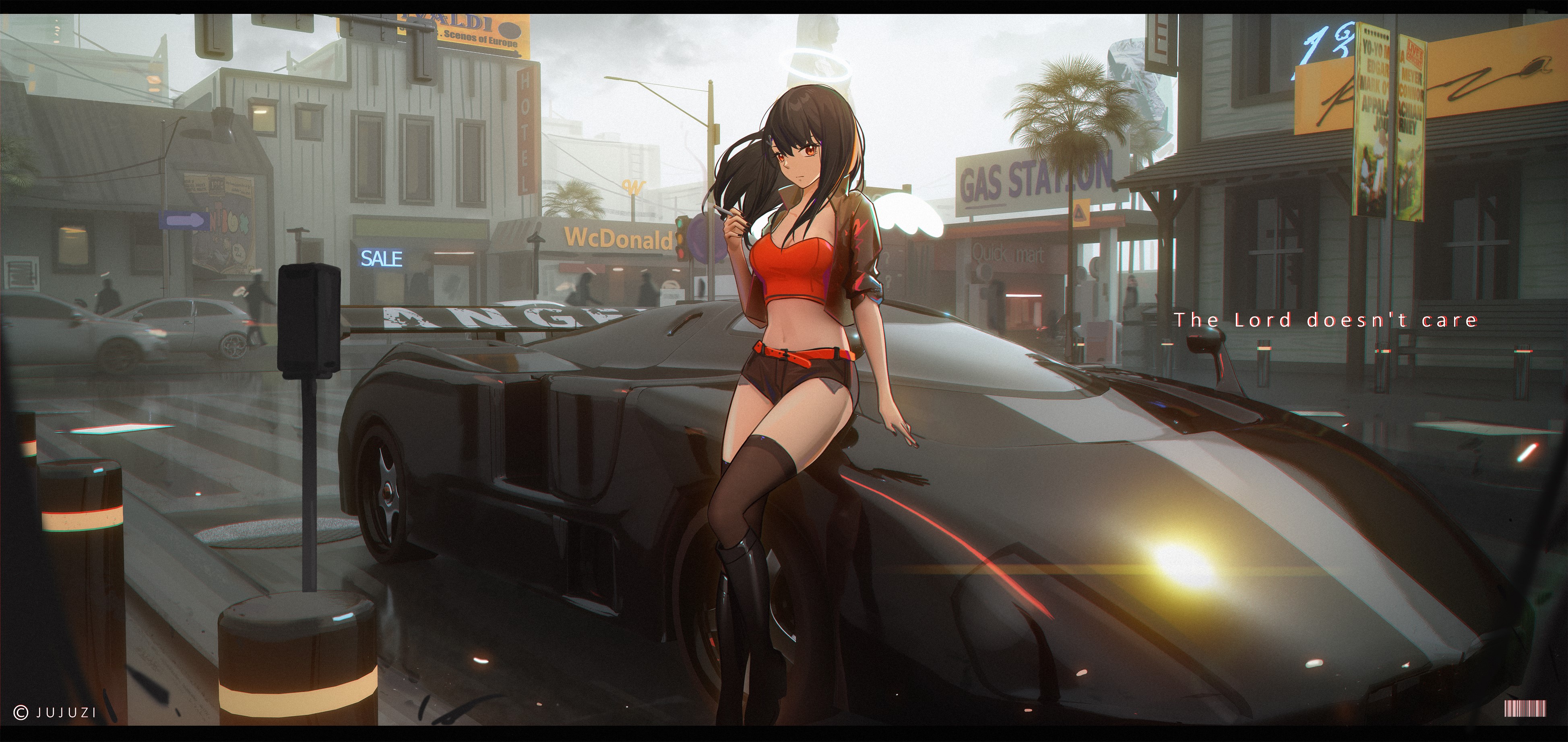 car, cleavage, long hair, smoking, brunette, city, street, gas stations, angel, parking, tight shorts, belt, red eyes, pedestrian, legs crossed, cigarettes, jacket, traffic, nimbus, HD Wallpaper