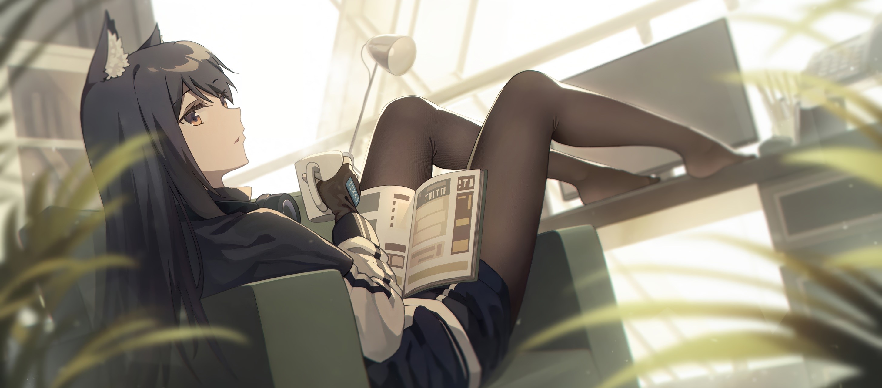 anime, anime girls, Arknights, video game characters, Texas (Arknights), animal ears, gray hair, books, brown eyes, long hair, drink, fingerless gloves, headphones, plants, cup, pantyhose, desk lamp, HD Wallpaper