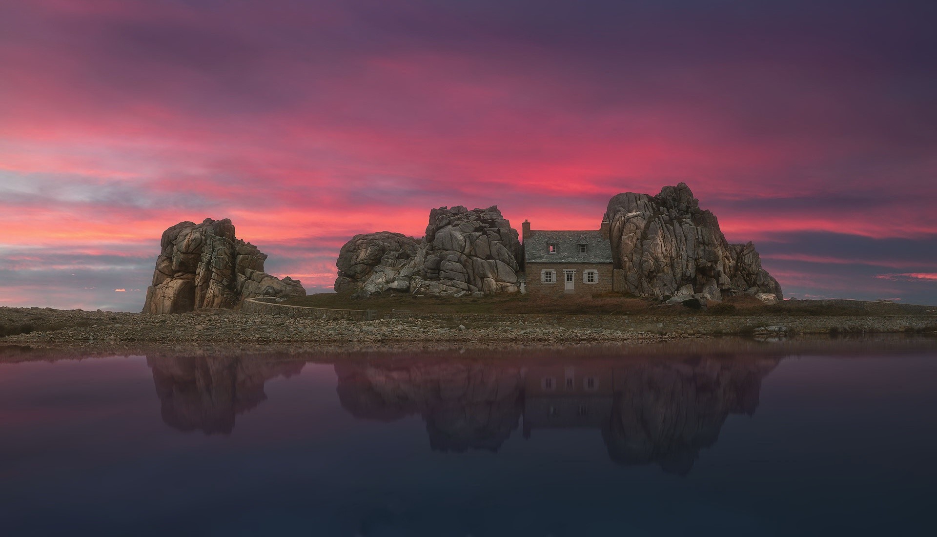 water, reflection, sunset, house, sky, building, HD Wallpaper