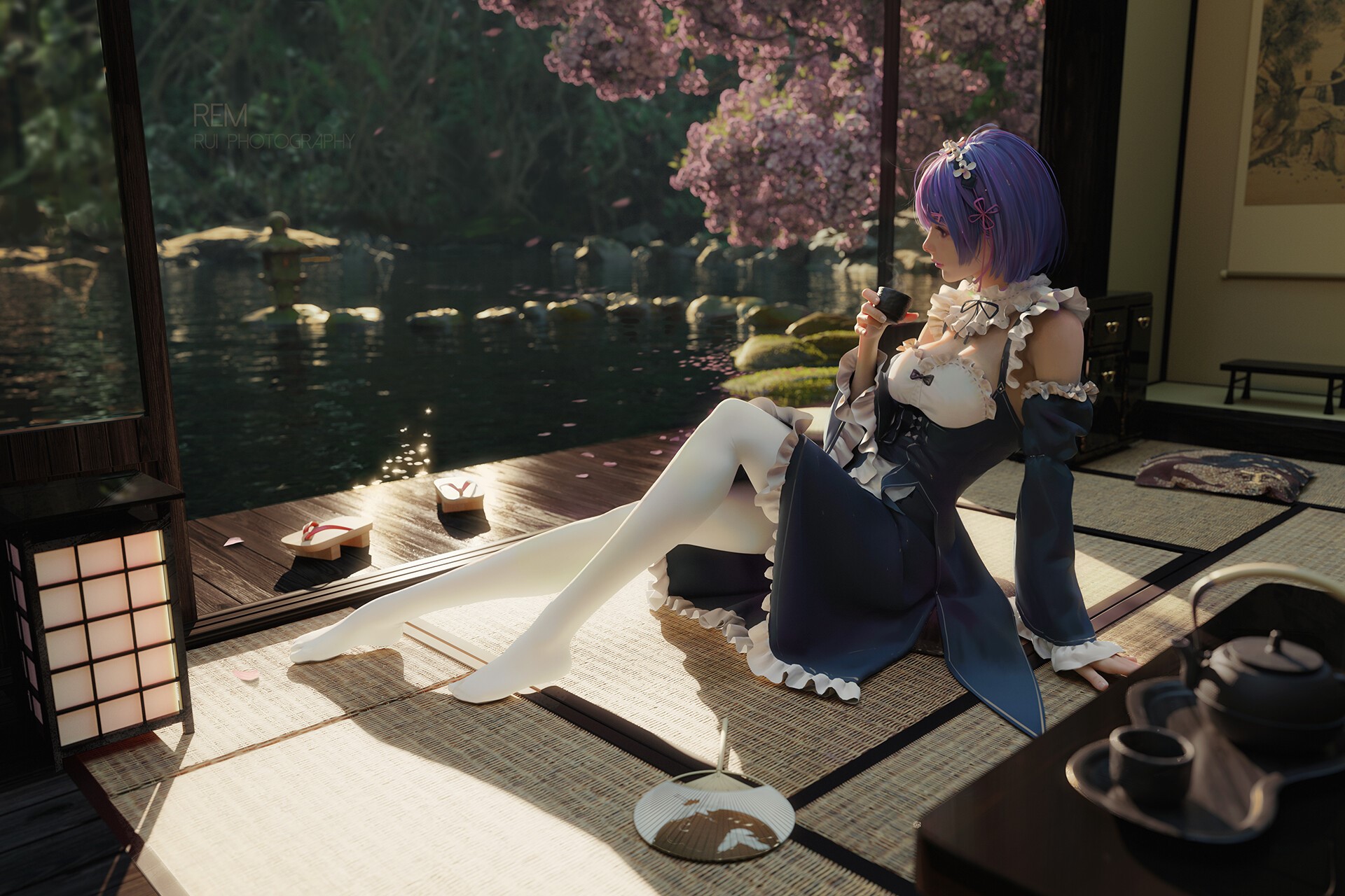 Rui Li, drawing, women, Re:Zero Kara Hajimeru Isekai Seikatsu, Rem (Re: Zero), blue hair, short hair, straight hair, bangs, hair accessories, hairband, dress, on the floor, fans, terraces, sandals, cherry blossom, HD Wallpaper