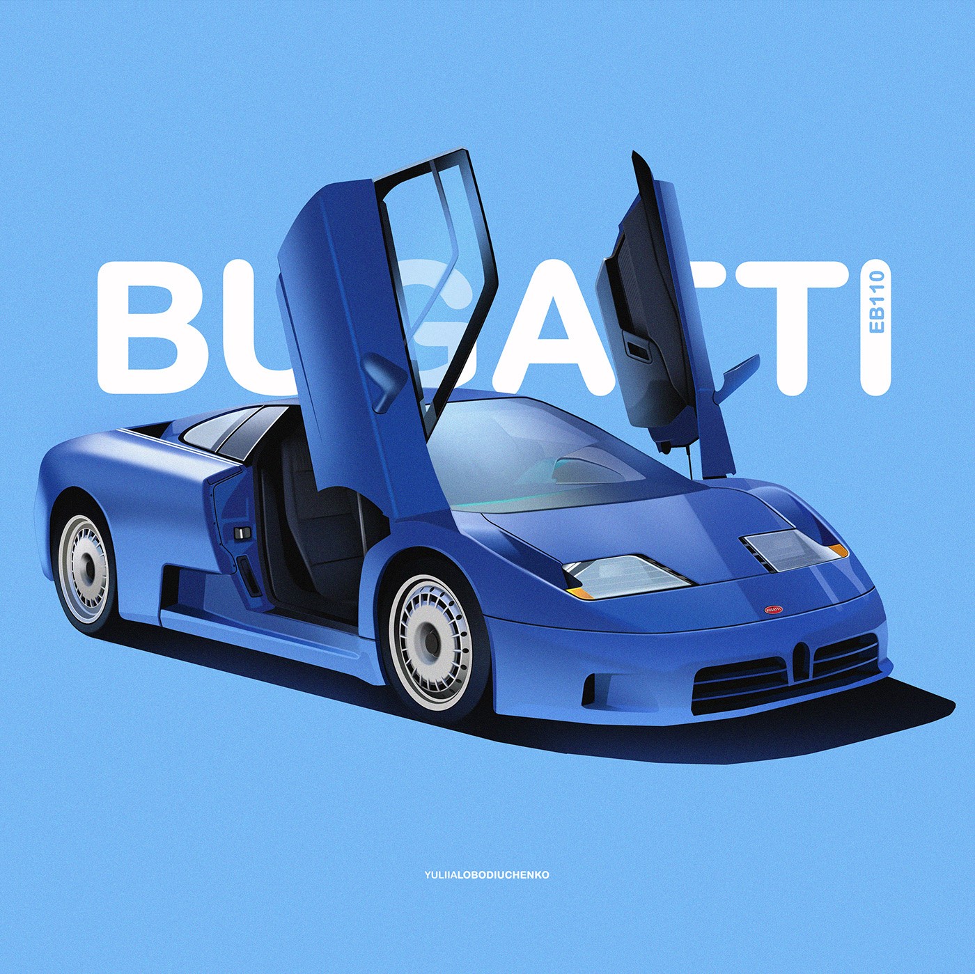 car, illustration, classic car, Yuliia Lobodiuchenko, Bugatti, Bugatti EB110, open door, simple background, typography, HD Wallpaper