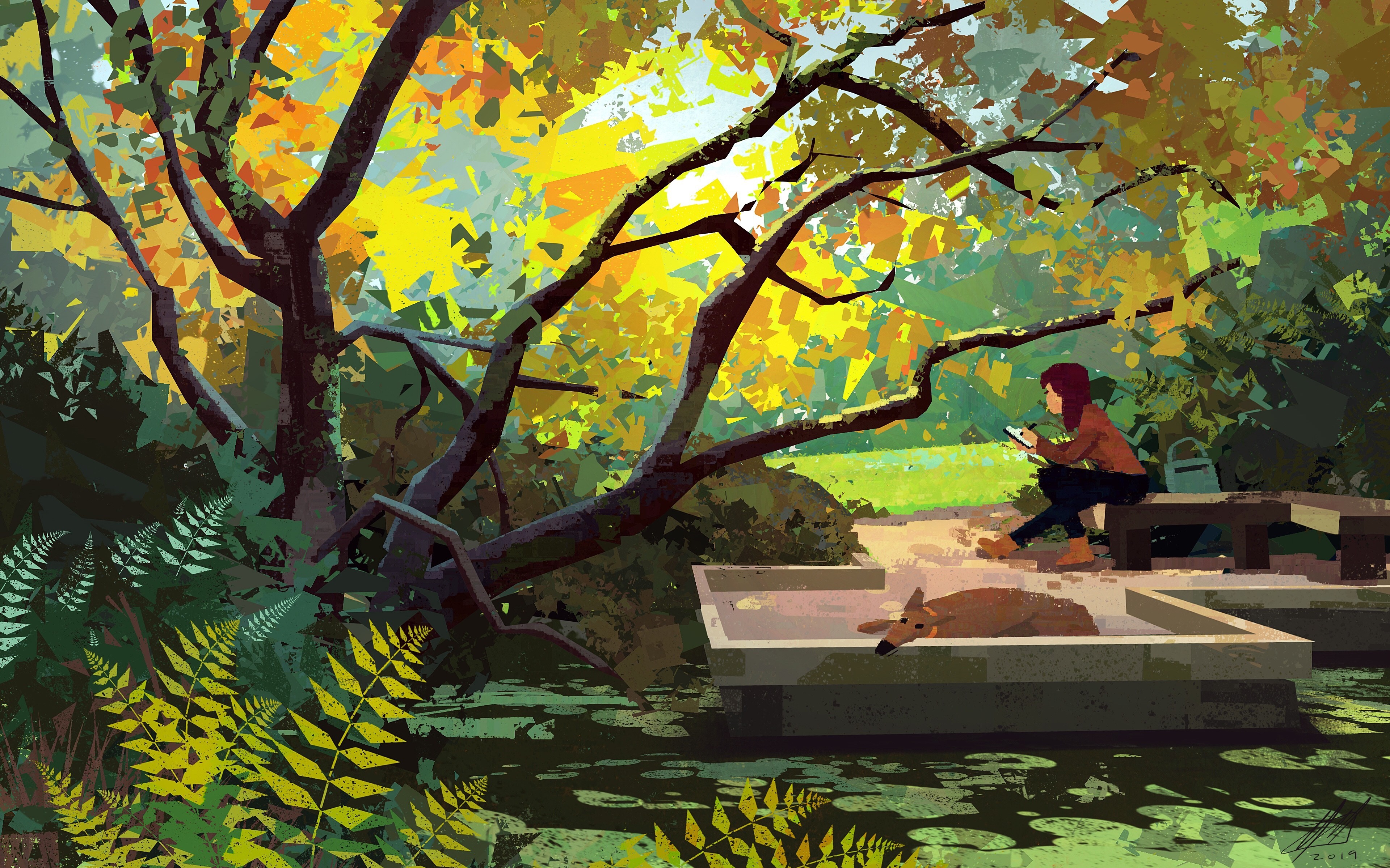 Mike McCain, nature, pants, river, trees, women, water, dog, bench, boots, blouse, HD Wallpaper