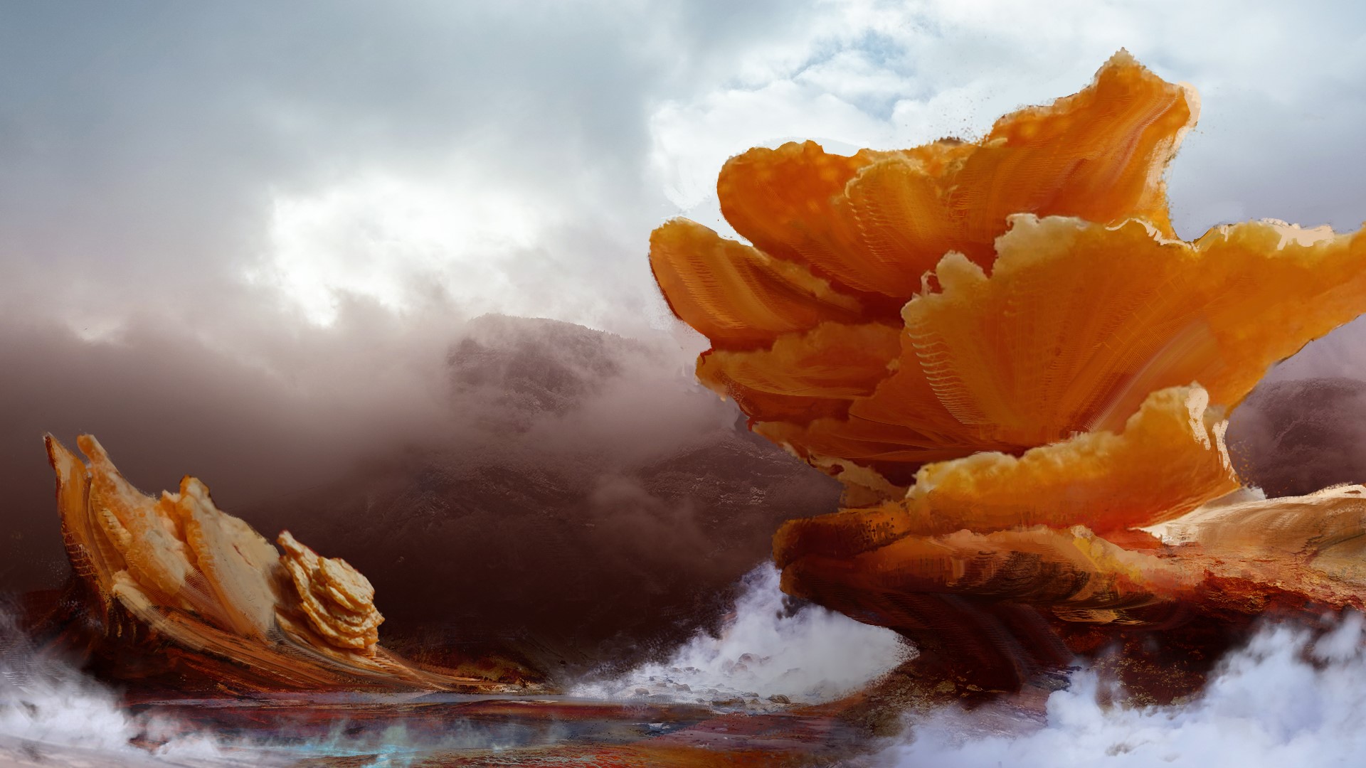 orange, mushroom, smoke, digital, painting, Guillaume Hochart, HD Wallpaper