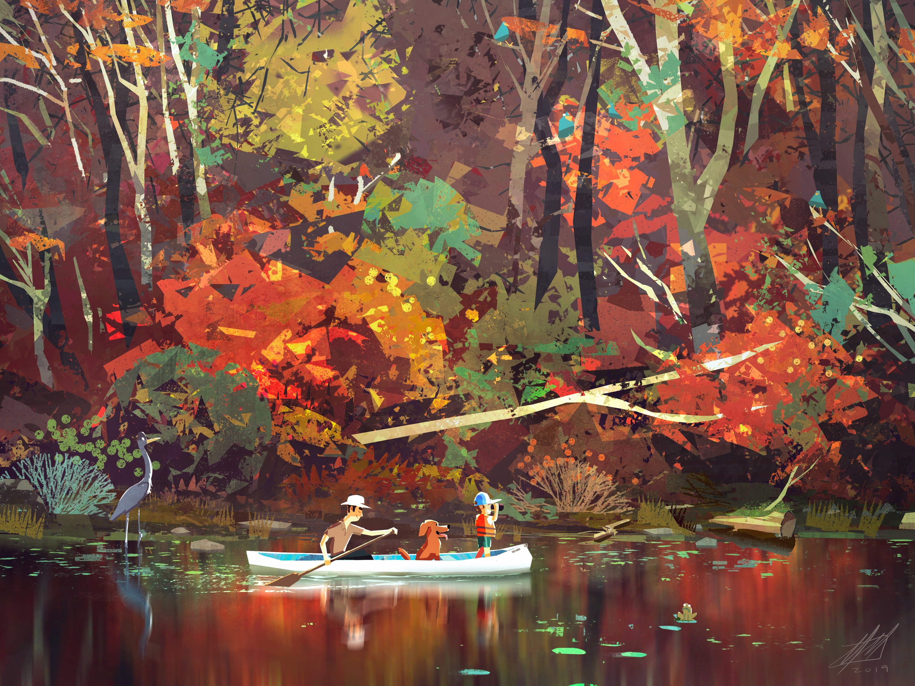 Mike McCain, nature, river, trees, men, water, boat, dog, fall, hat, HD Wallpaper