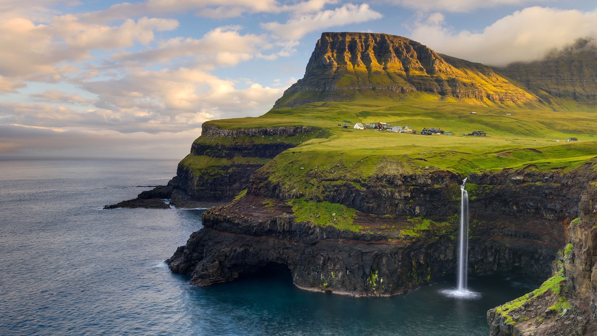 nature, landscape, water, mountains, clouds, sky, house, sea, coast, waterfall, village, horizon, Faroe Islands, HD Wallpaper