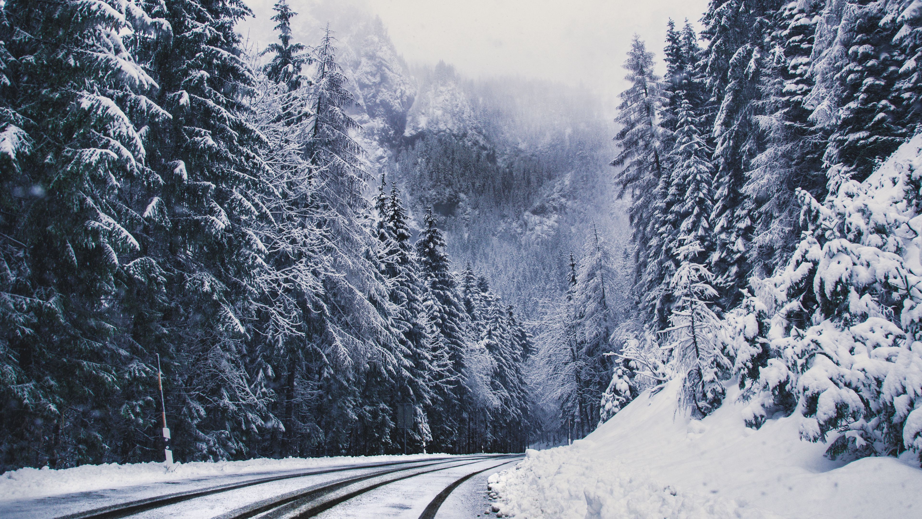 road, forest, turn, mountains, snowy, winter, trees, 4k, HD Wallpaper