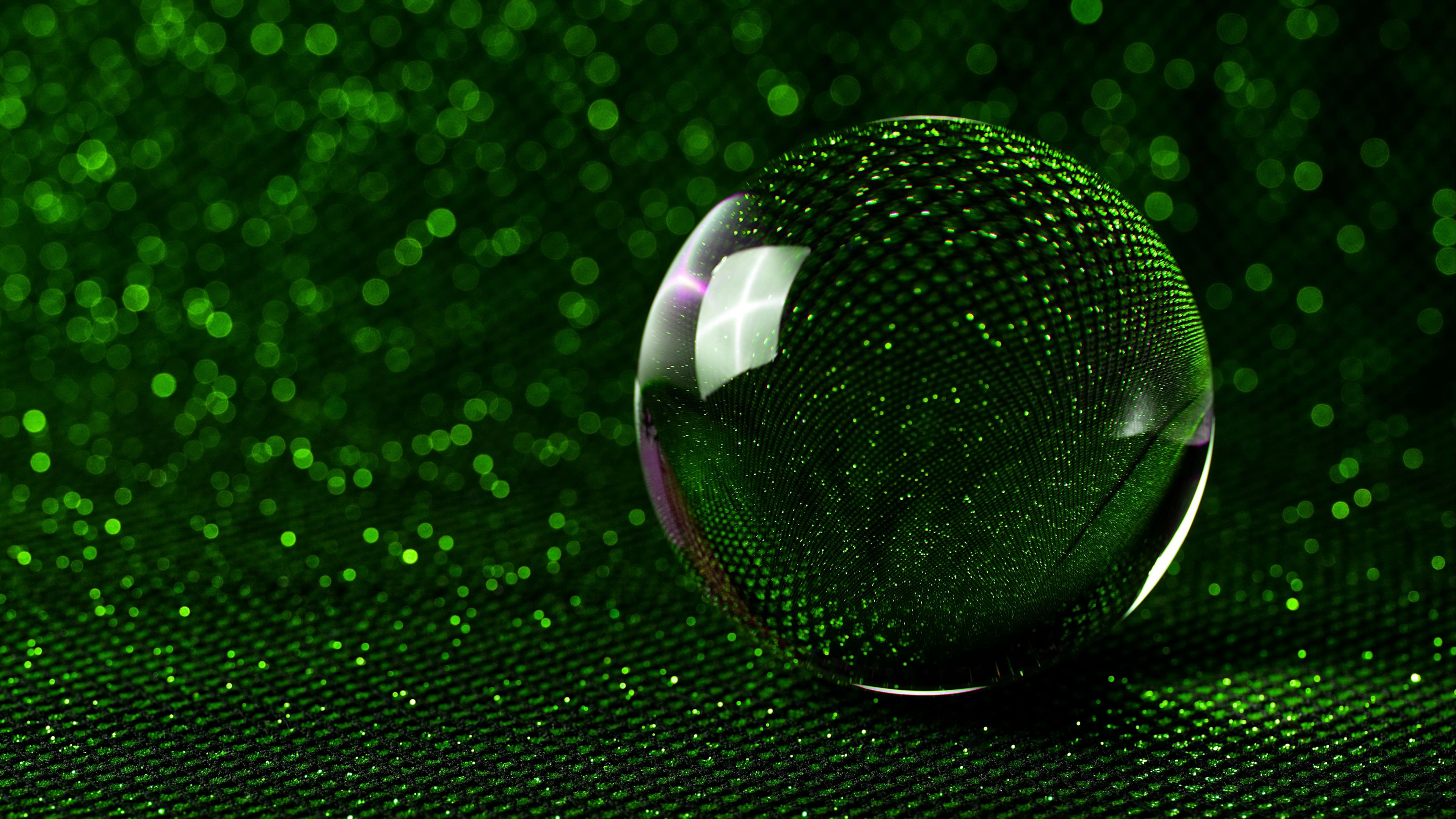 ball, mirror, green, sparkles, bokeh, reflection, 4k, HD Wallpaper