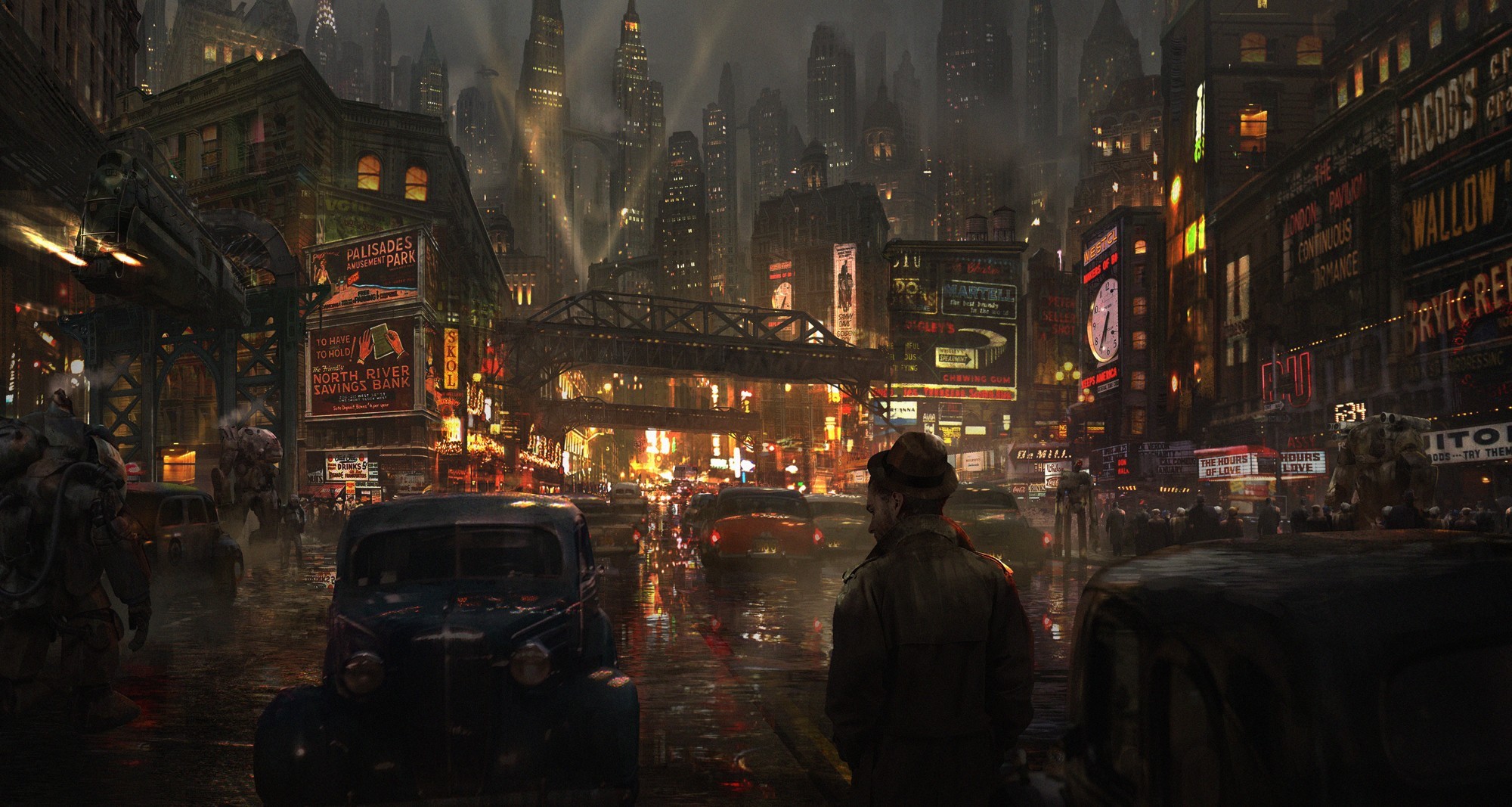 Eddie Mendoza, city, artwork, night, cityscape, traffic, HD Wallpaper