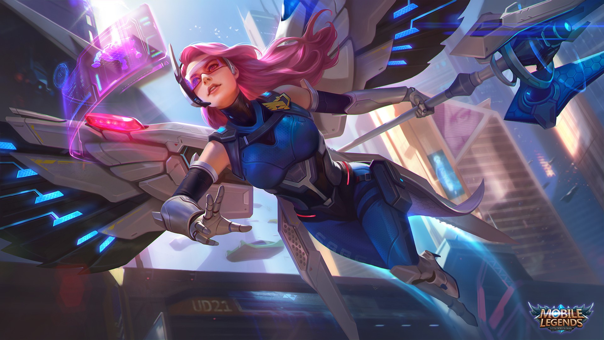 Arc Noir, drawing, women, pink hair, long hair, visors, flying, wings, bodysuit, blue clothing, city, science fiction, Mobile Legends, low-angle, HD Wallpaper