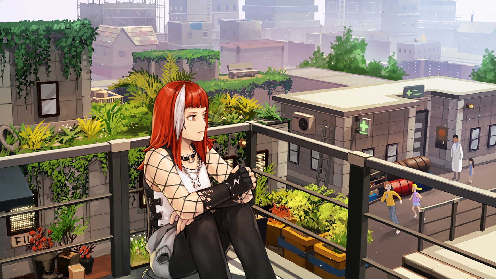video games, TROUBLESHOOTER, irene, Hero Irene, balcony, hospital, city, redhead, fishnet, sitting, plants, architecture, people, morning, thoughtful, punks, HD Wallpaper