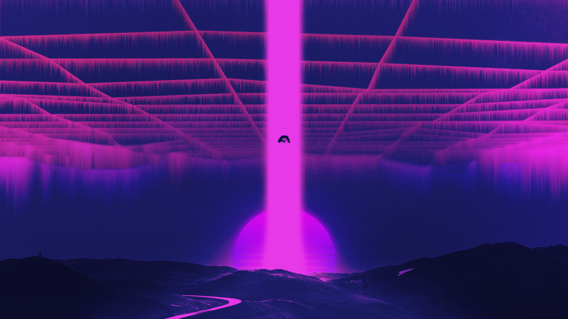 vaporwave, Retrowave, beam, mountains, artwork, aliens, alien abduction, HD Wallpaper