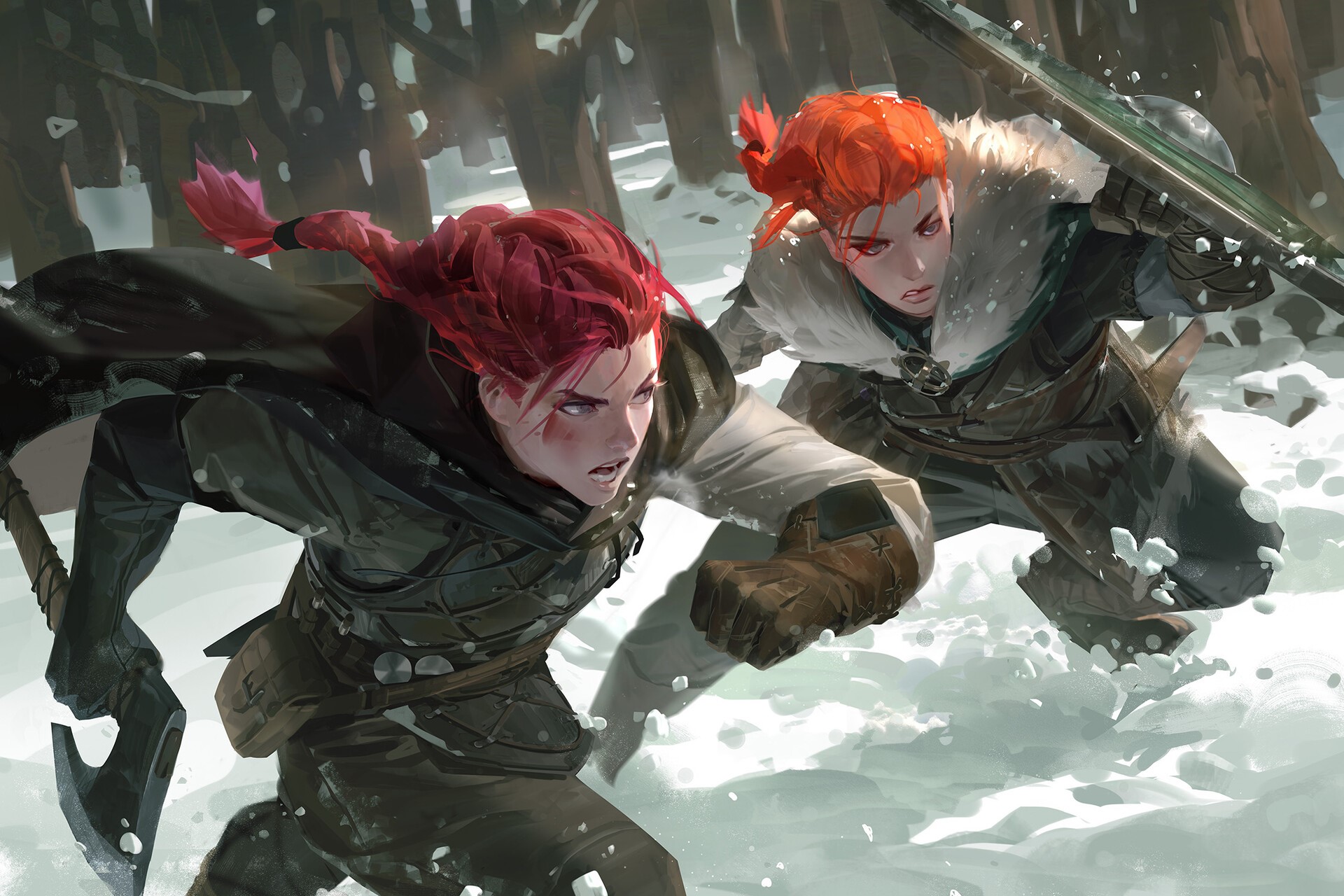 warrior girls, redhead, battle charge, snow, Mingchen Shen, HD Wallpaper