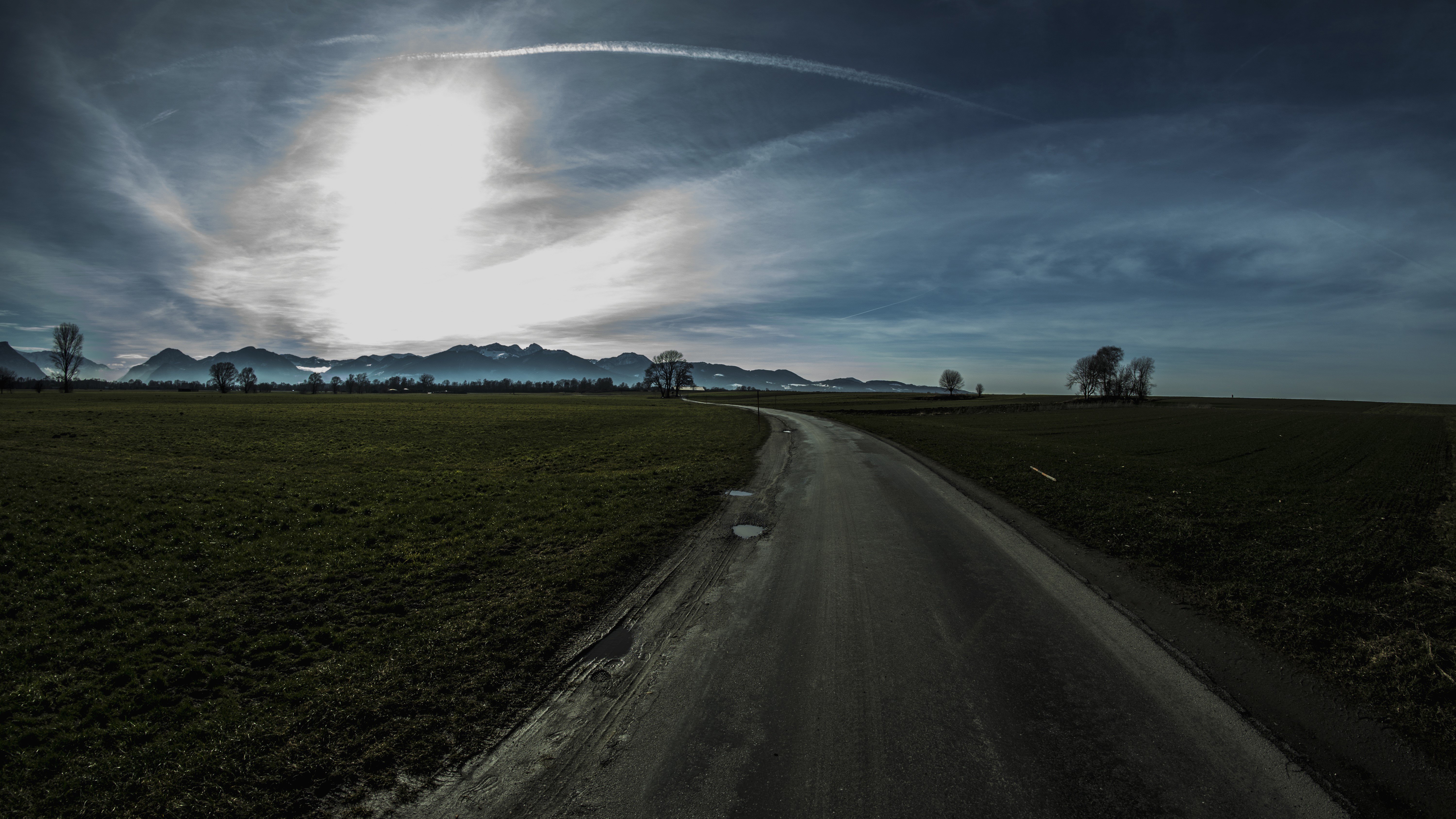 nature, fisheye lens, road, mountains, grass, sky, trees, landscape, HD Wallpaper