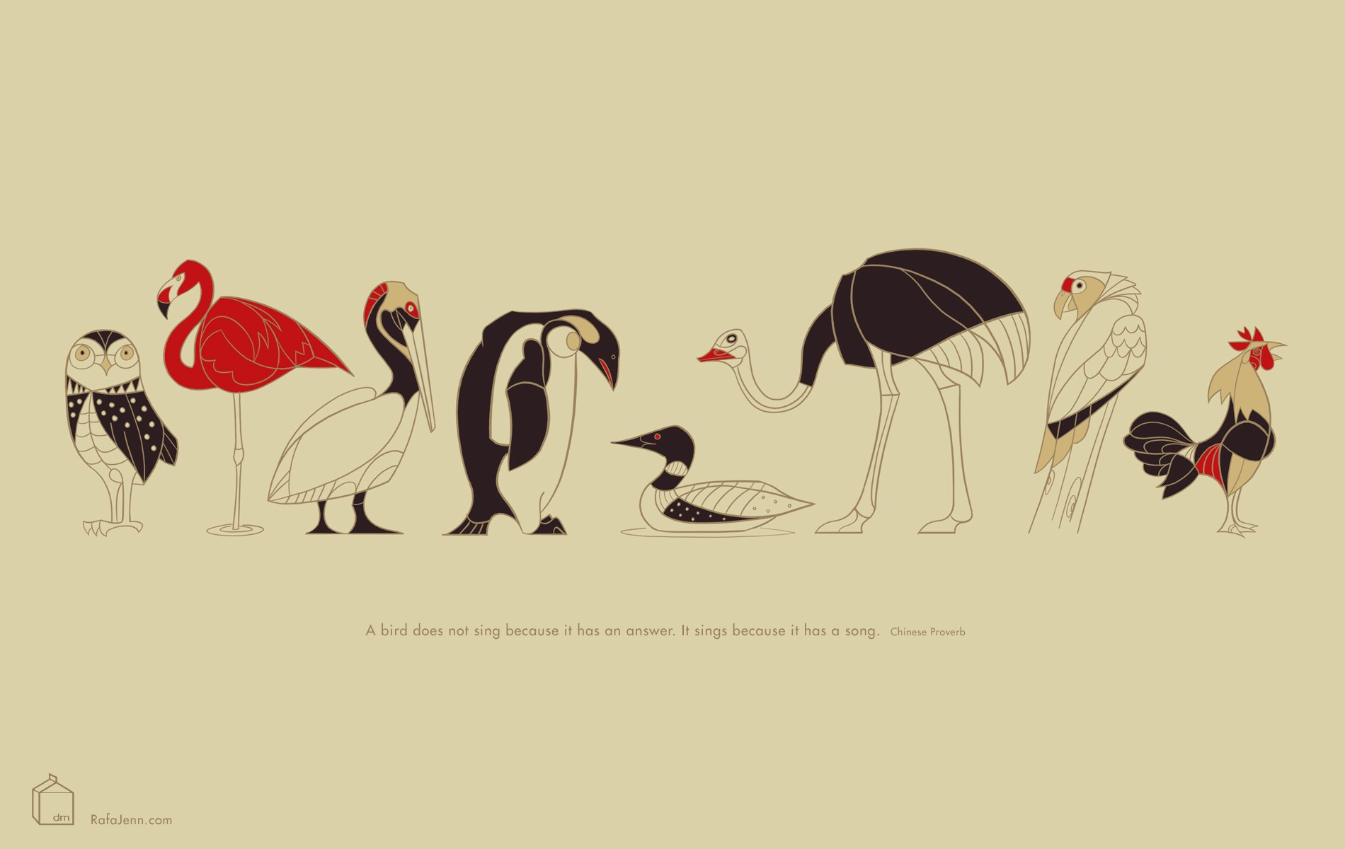 illustration, birds, owl, flamingos, pelicans, penguins, mallard duck, ostrich, parrot, rooster, line art, quote, artwork, simple, HD Wallpaper