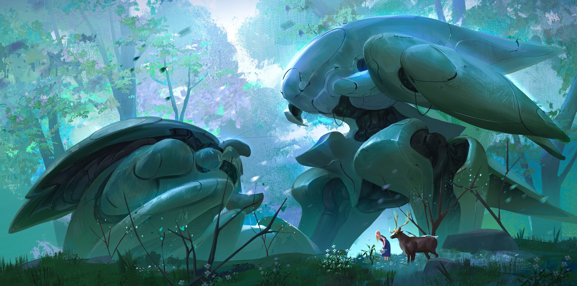 artwork, fantasy art, ArtStation, fantasy girl, deer, mech, HD Wallpaper