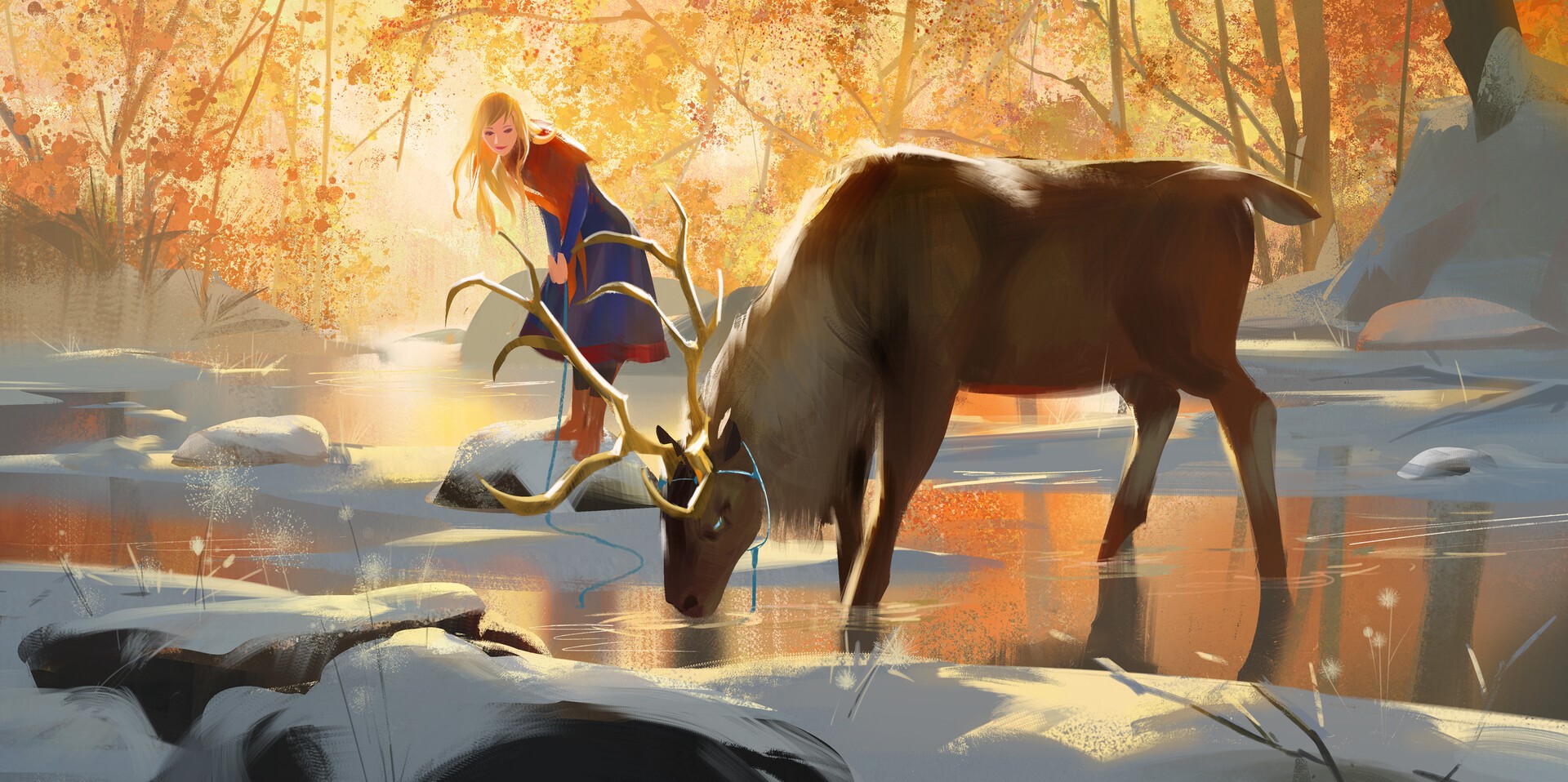 fantasy girl, deer, snow, fantasy art, ArtStation, artwork, winter, HD Wallpaper