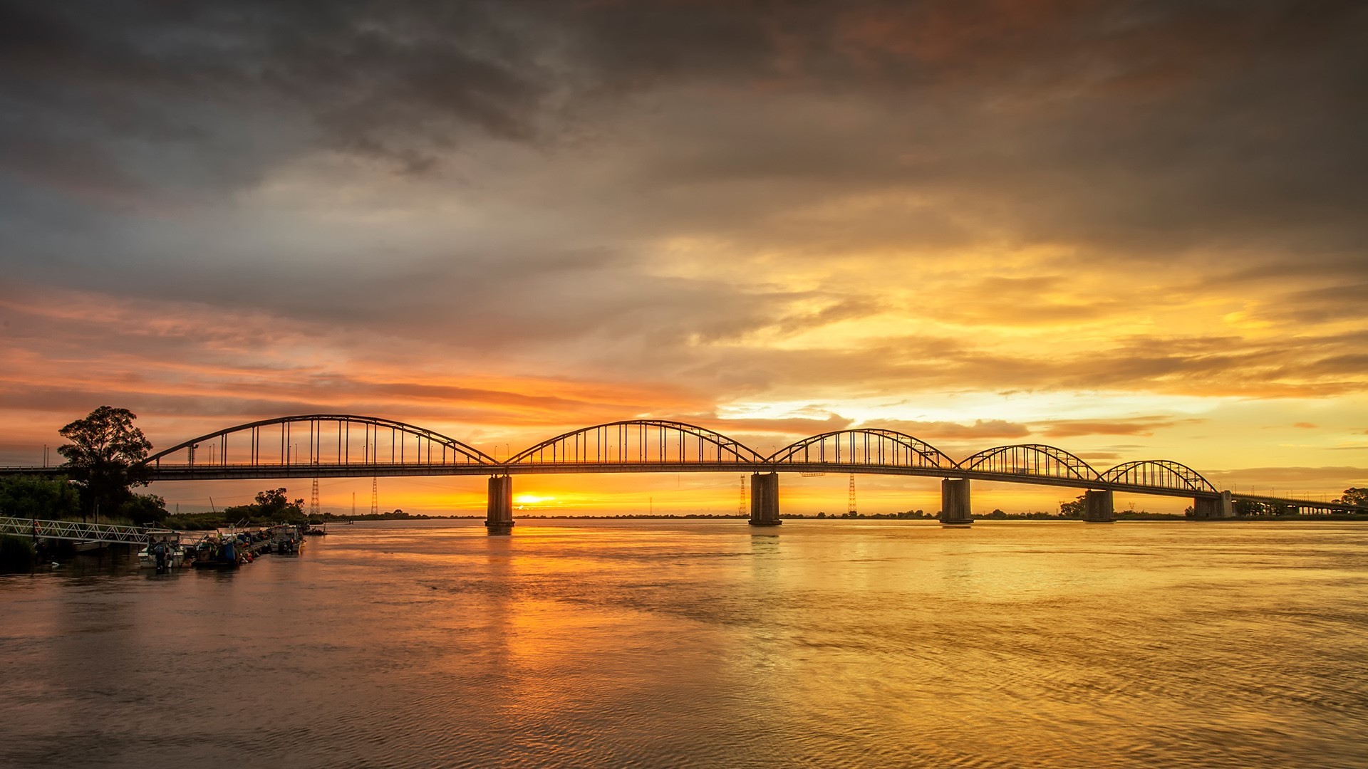 nature, landscape, clouds, sunset, sky, river, water, bridge, water ripples, Lisbon, Portugal, HD Wallpaper