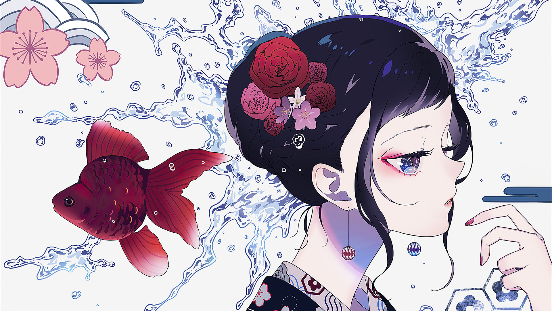 water, fish, roses, anime, HD Wallpaper
