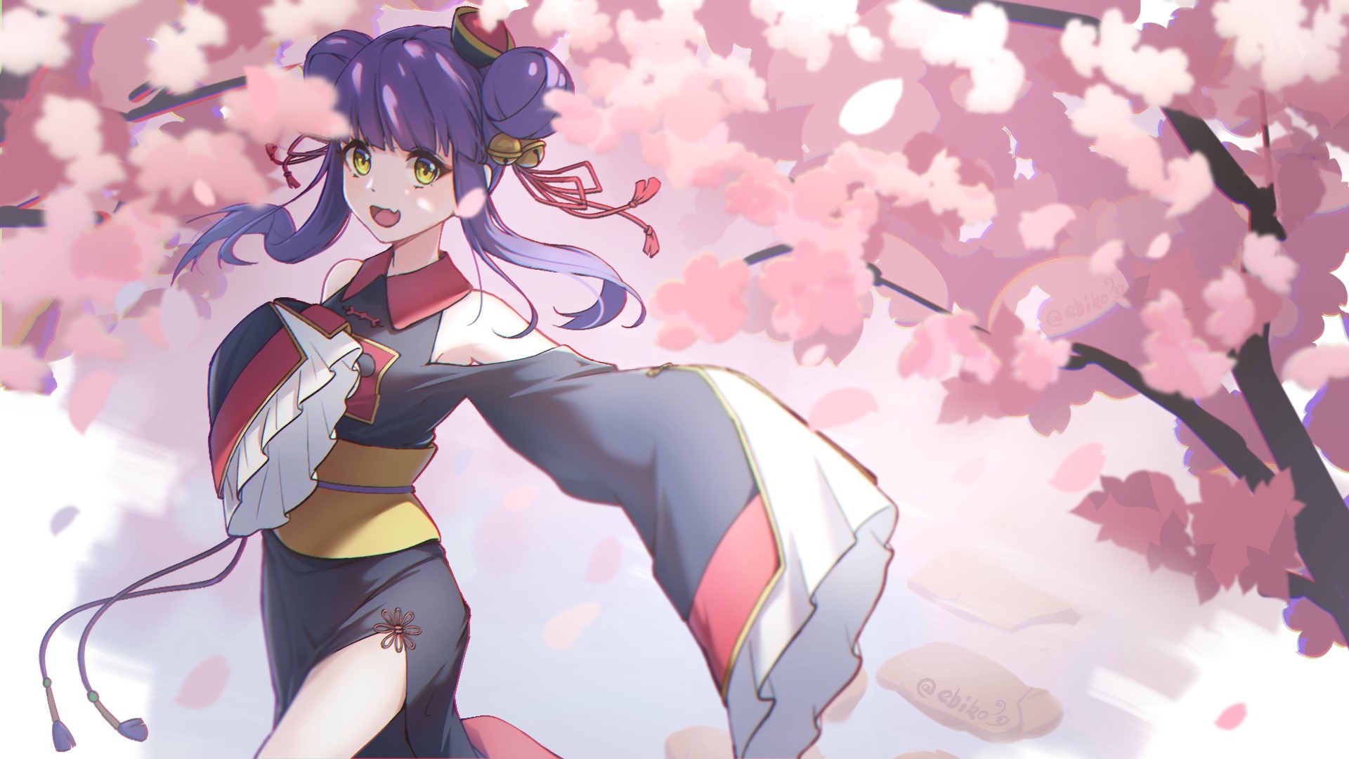 long hair, cherry blossom, purple hair, Chinese clothing, yellow eyes, HD Wallpaper