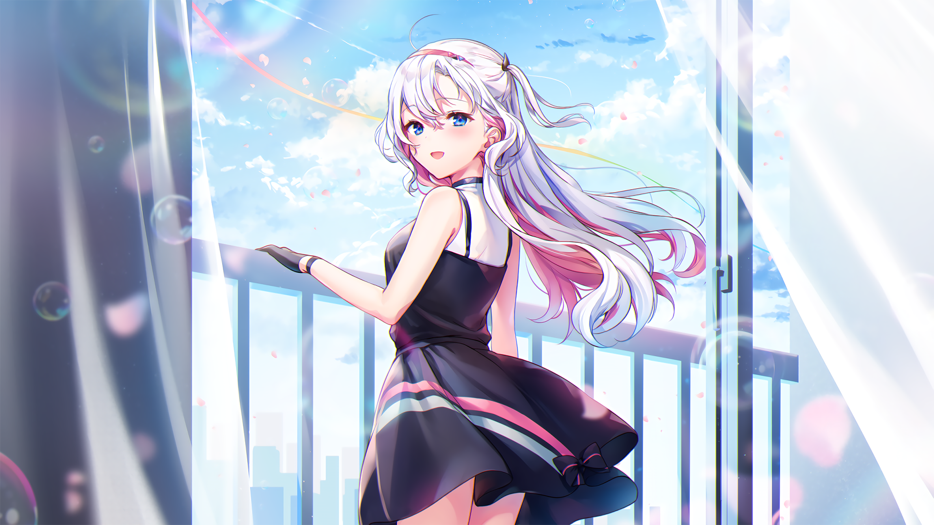 long hair, clouds, dress, gloves, gray hair, headband, blue eyes, anime, HD Wallpaper