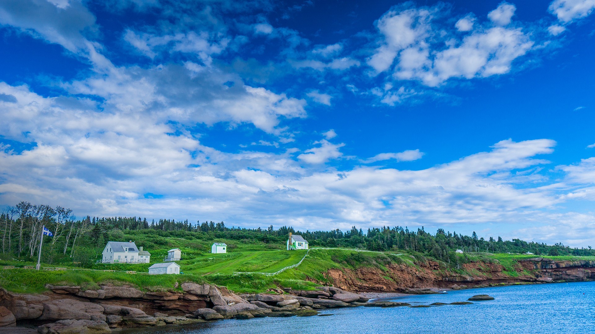 nature, landscape, clouds, sky, trees, plants, grass, rocks, water, coast, house, Quebec, Canada, HD Wallpaper