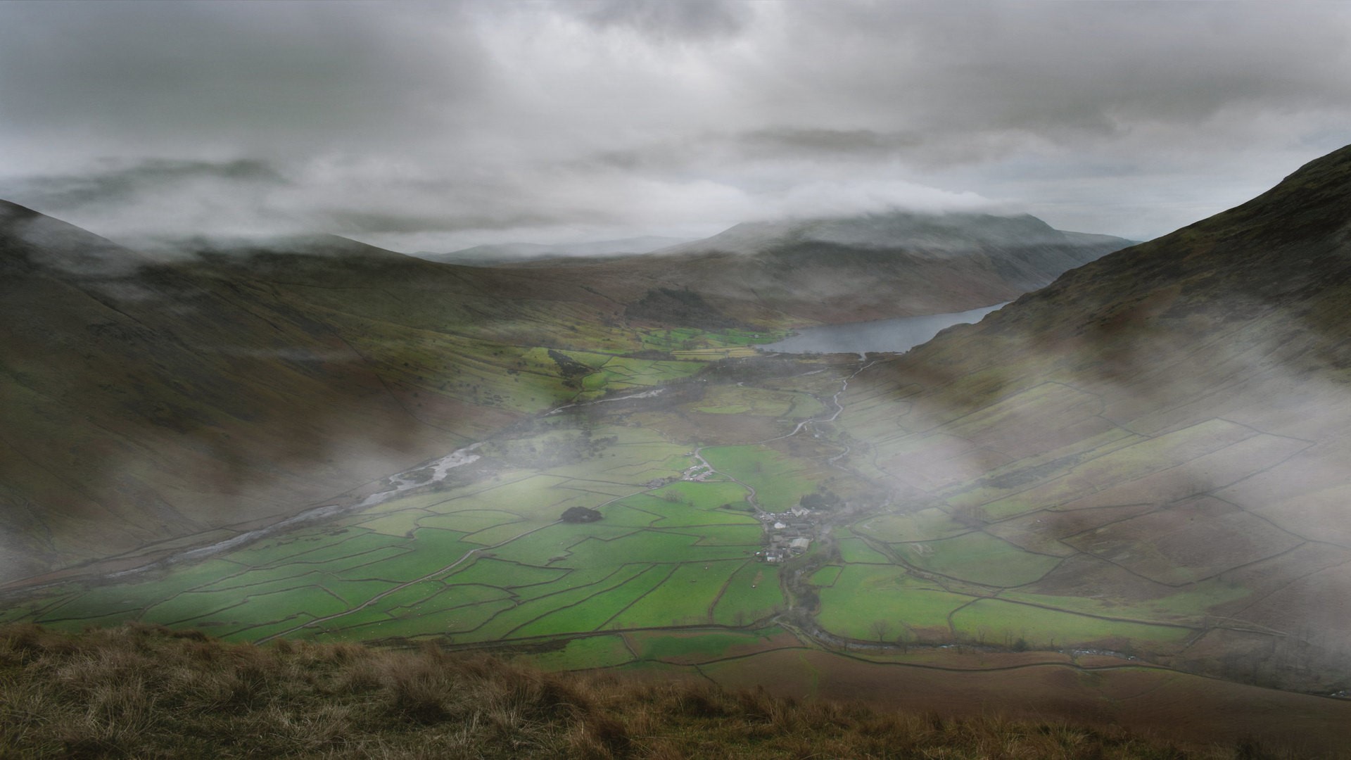 landscape, nature, field, mountains, lake, clouds, HD Wallpaper