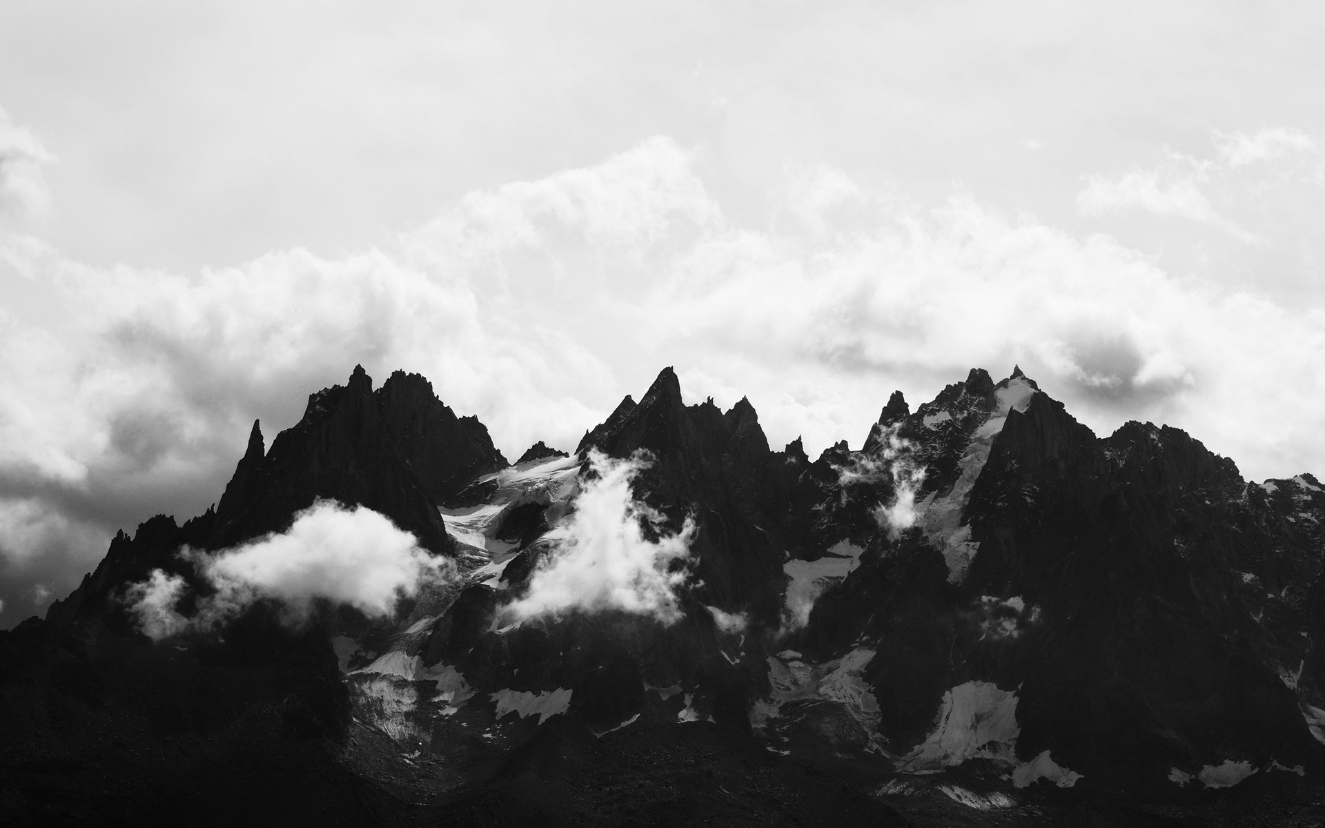 mountains, monochrome, clouds, photography, snowy peak, simple background, HD Wallpaper