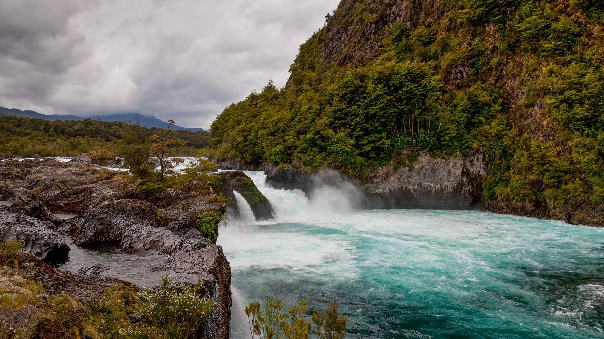 nature, landscape, rock, rocks, river, Monsoon, clouds, water, plants, mountains, Chile, HD Wallpaper