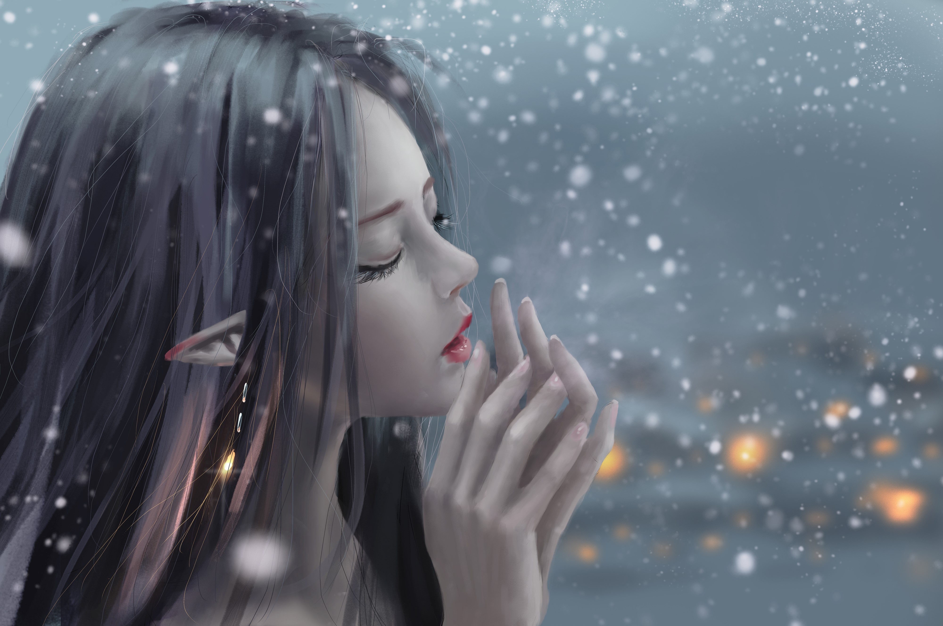 night, snow, Ydiya Kai, drawing, HD Wallpaper