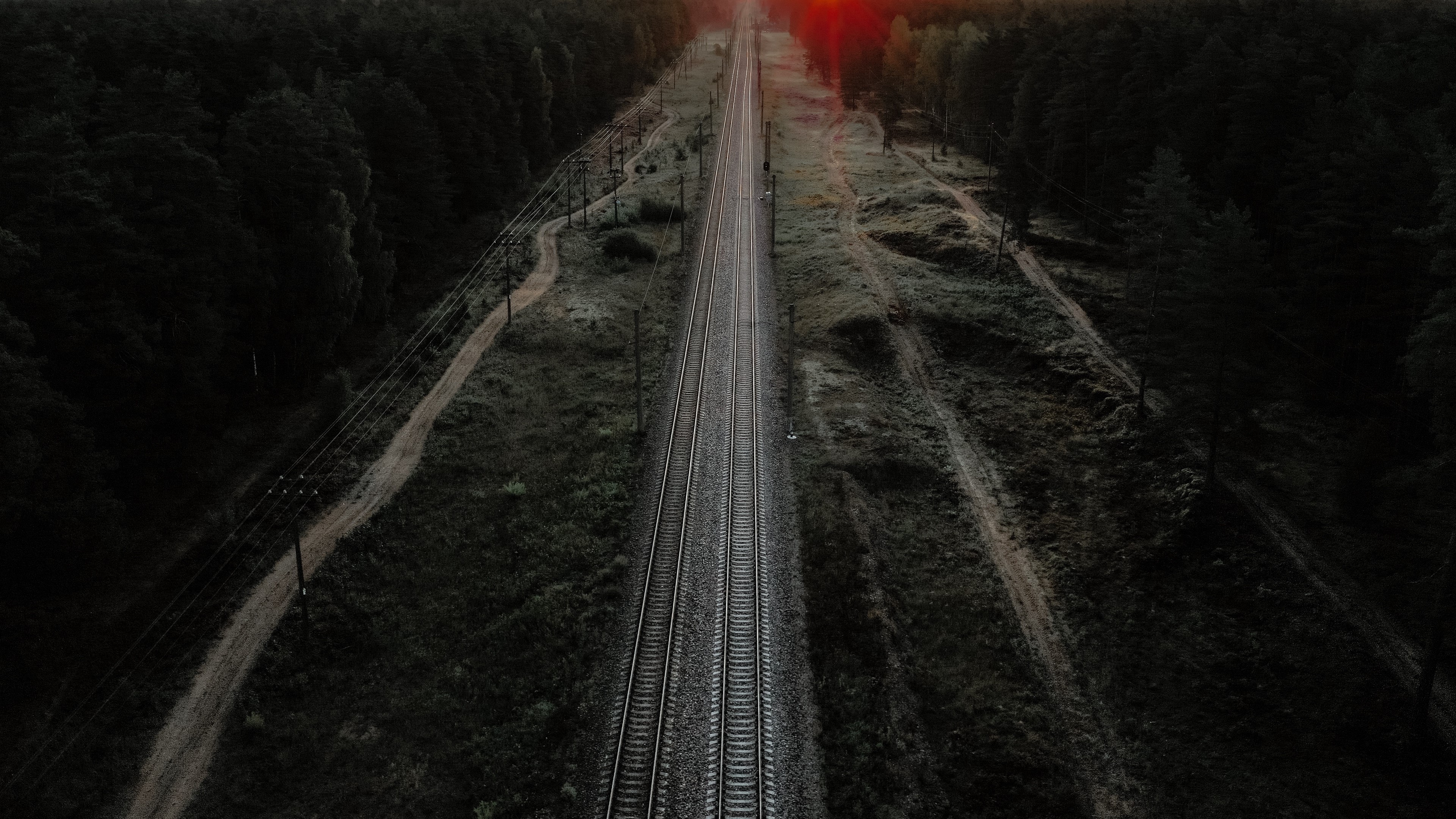 railway, outdoors, trees, railroad track, dark, HD Wallpaper