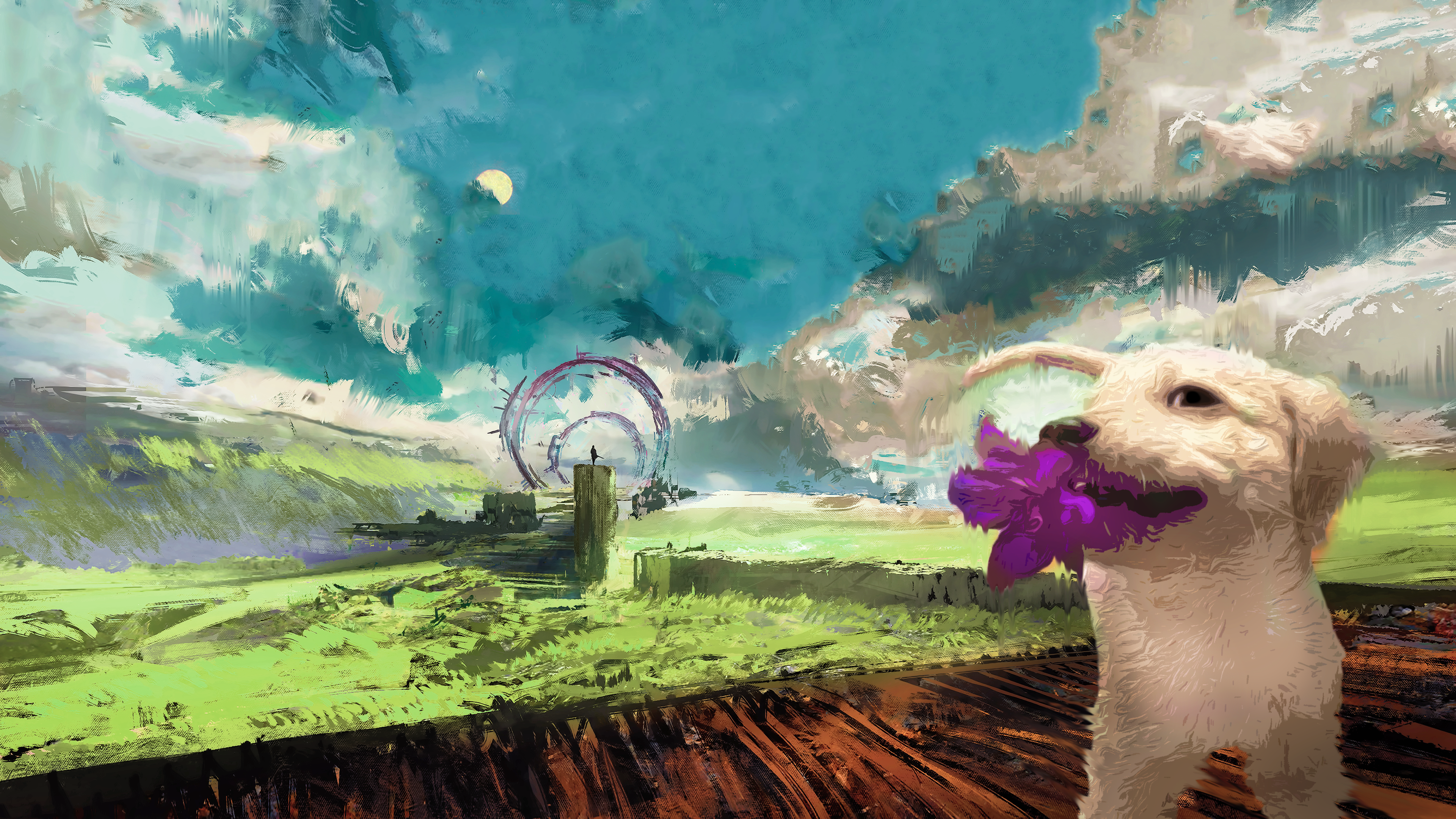 dog, landscape, paint brushes, painting, digital art, clouds, fantasy architecture, HD Wallpaper