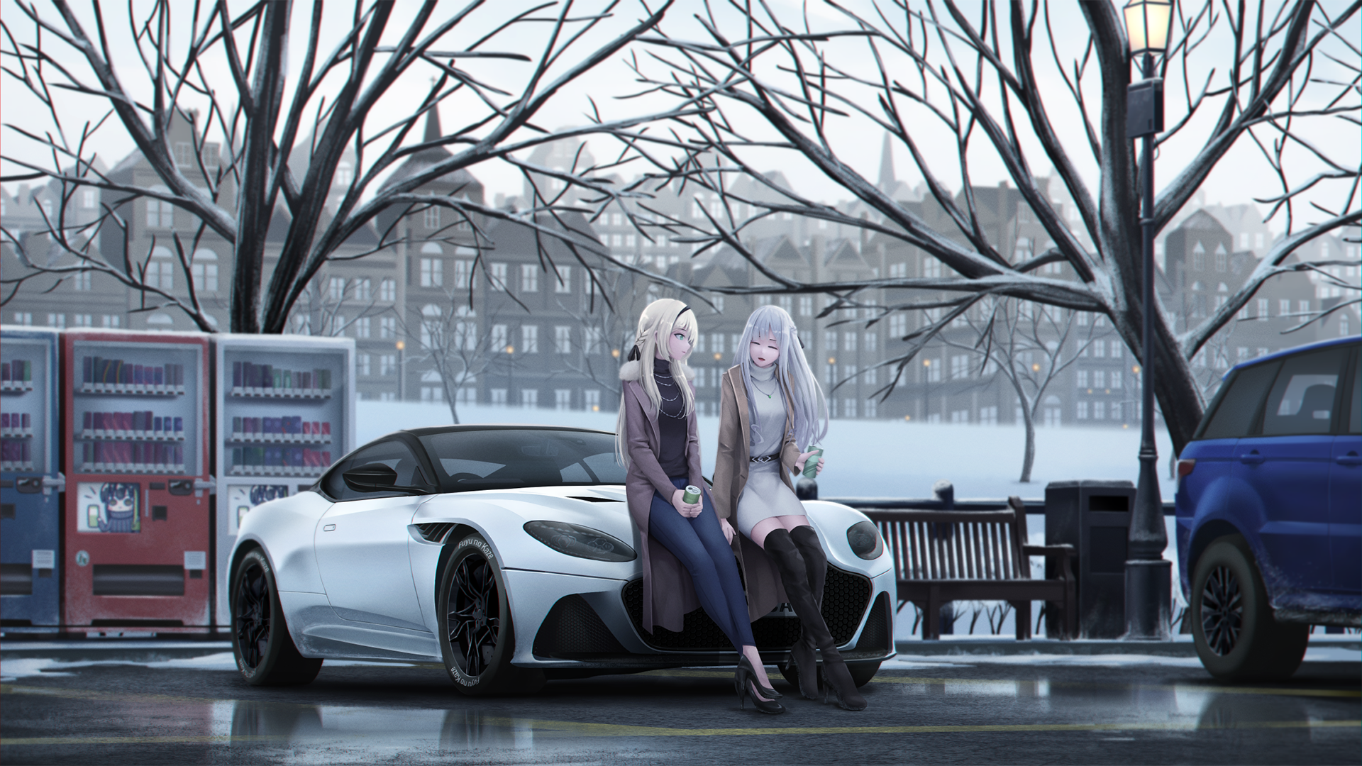 long hair, vending machine, anime girls, anime, car, vehicle, city, HD Wallpaper