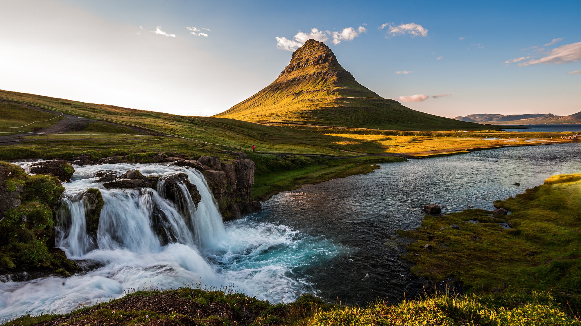 Andrey Brandis, landscape, mountains, peak, waterfall, river, water, sky, Kirkjufell, nature, calm, HD Wallpaper