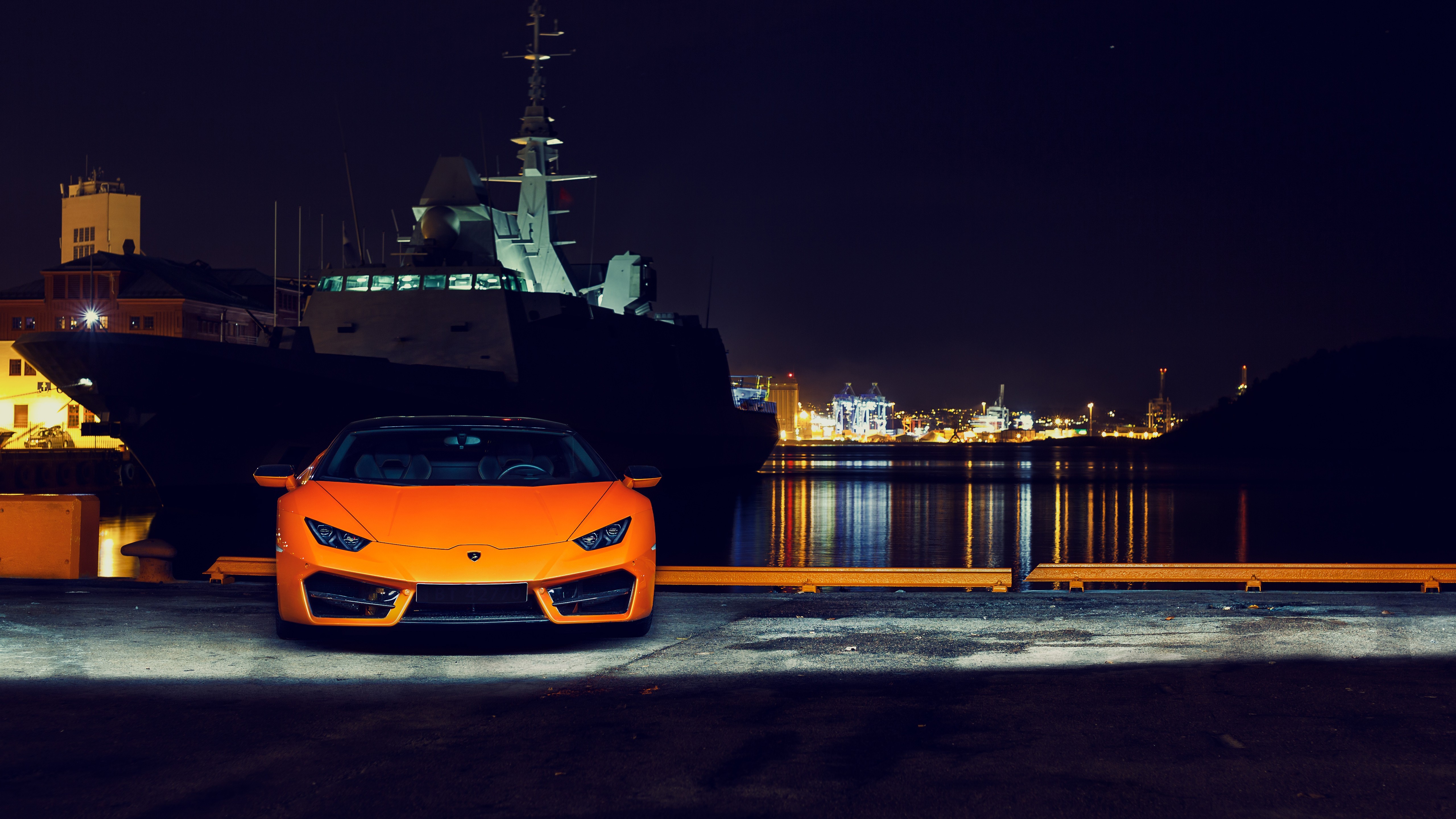 Lamborghini Huracan LP580-2, Lamborghini Huracan, car, vehicle, supercars, night, warship, dark, orange cars, frontal view, HD Wallpaper