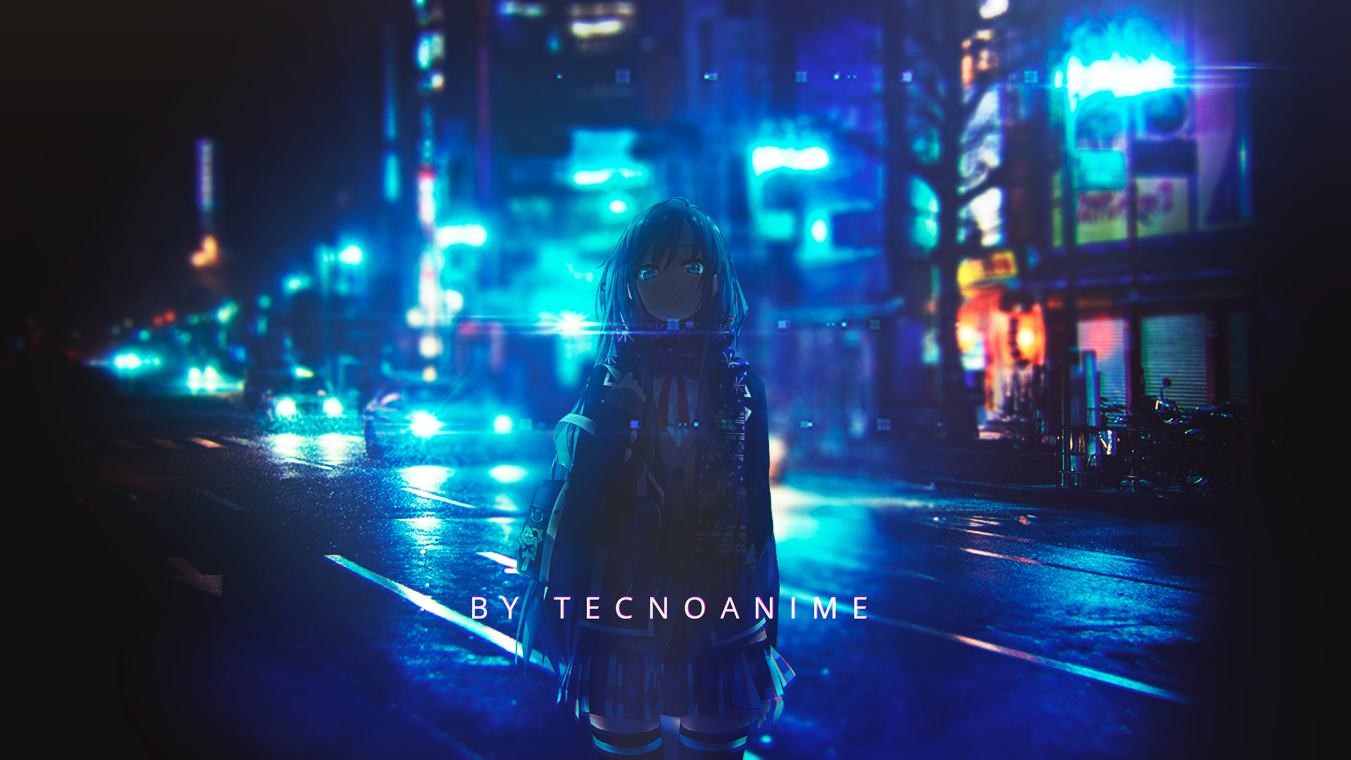 rain, anime girls, anime, night, cyberpunk, blue light, Yukinoshita Yukino, Yahari Ore no Seishun Love Comedy wa Machigatteiru, HD Wallpaper