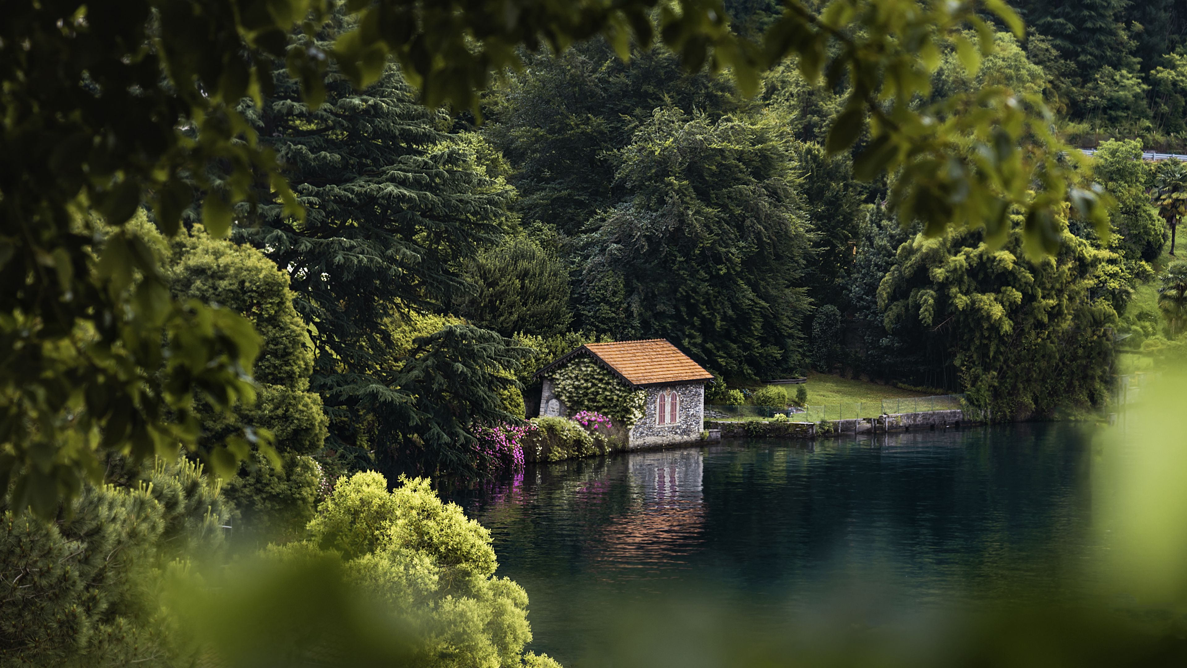 house, lake, trees, comfort, 4k, HD Wallpaper