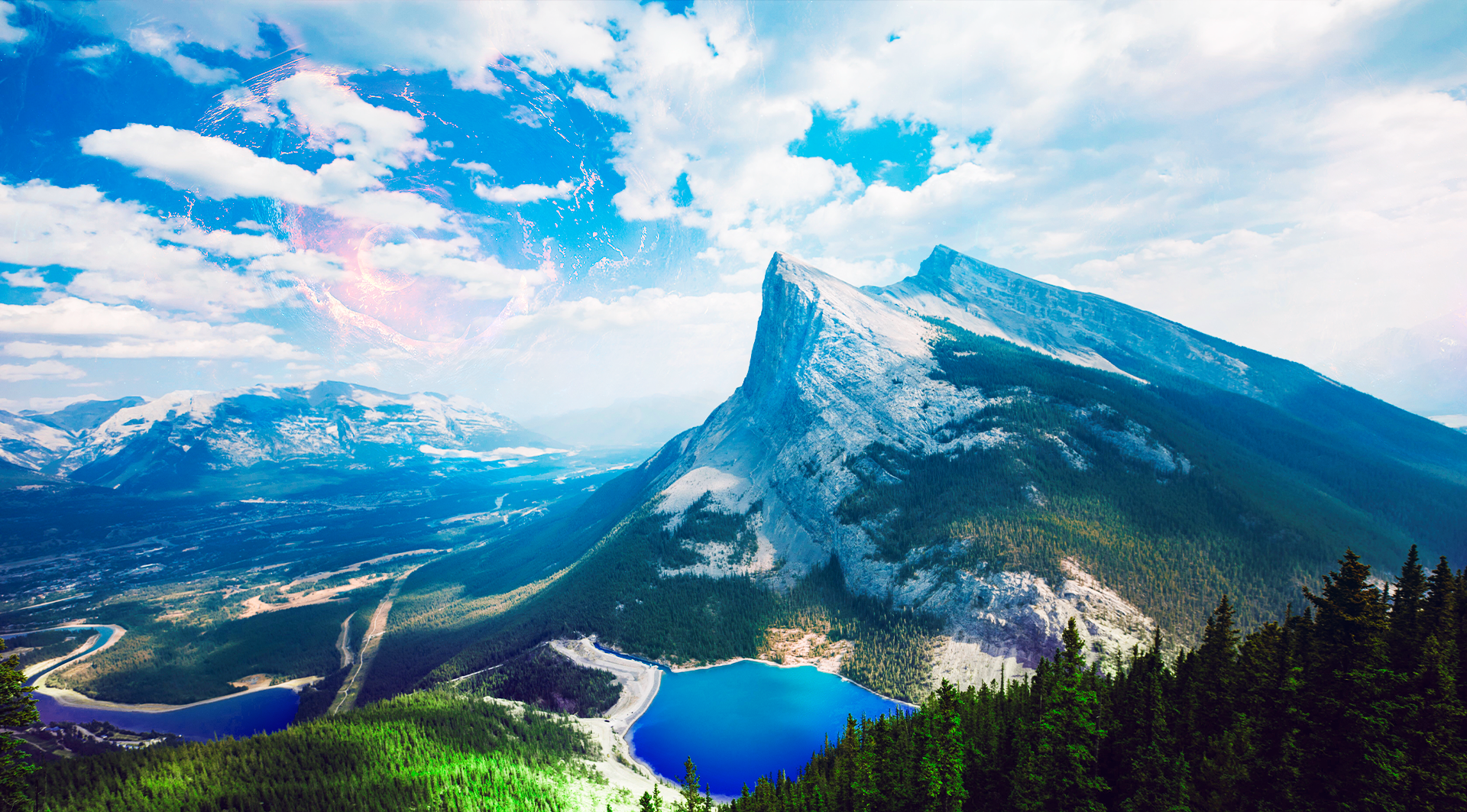 landscape, futuristic, forest, lake, sky, mountain chain, HD Wallpaper