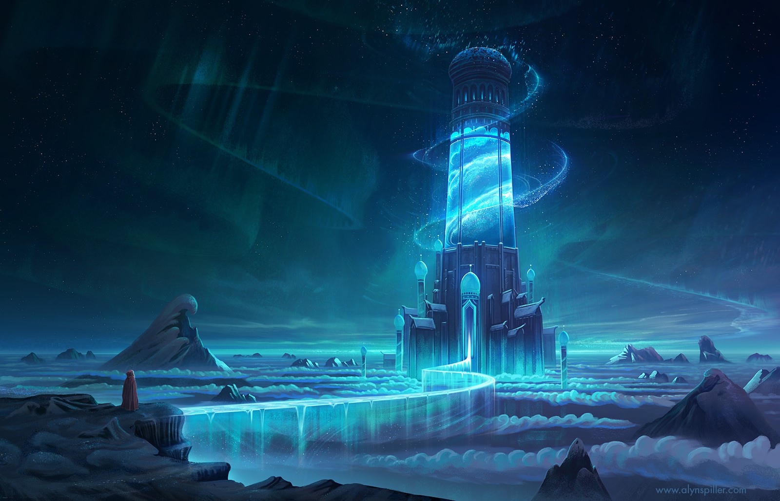 Alyn Spiller, artwork, tower, cyan, HD Wallpaper