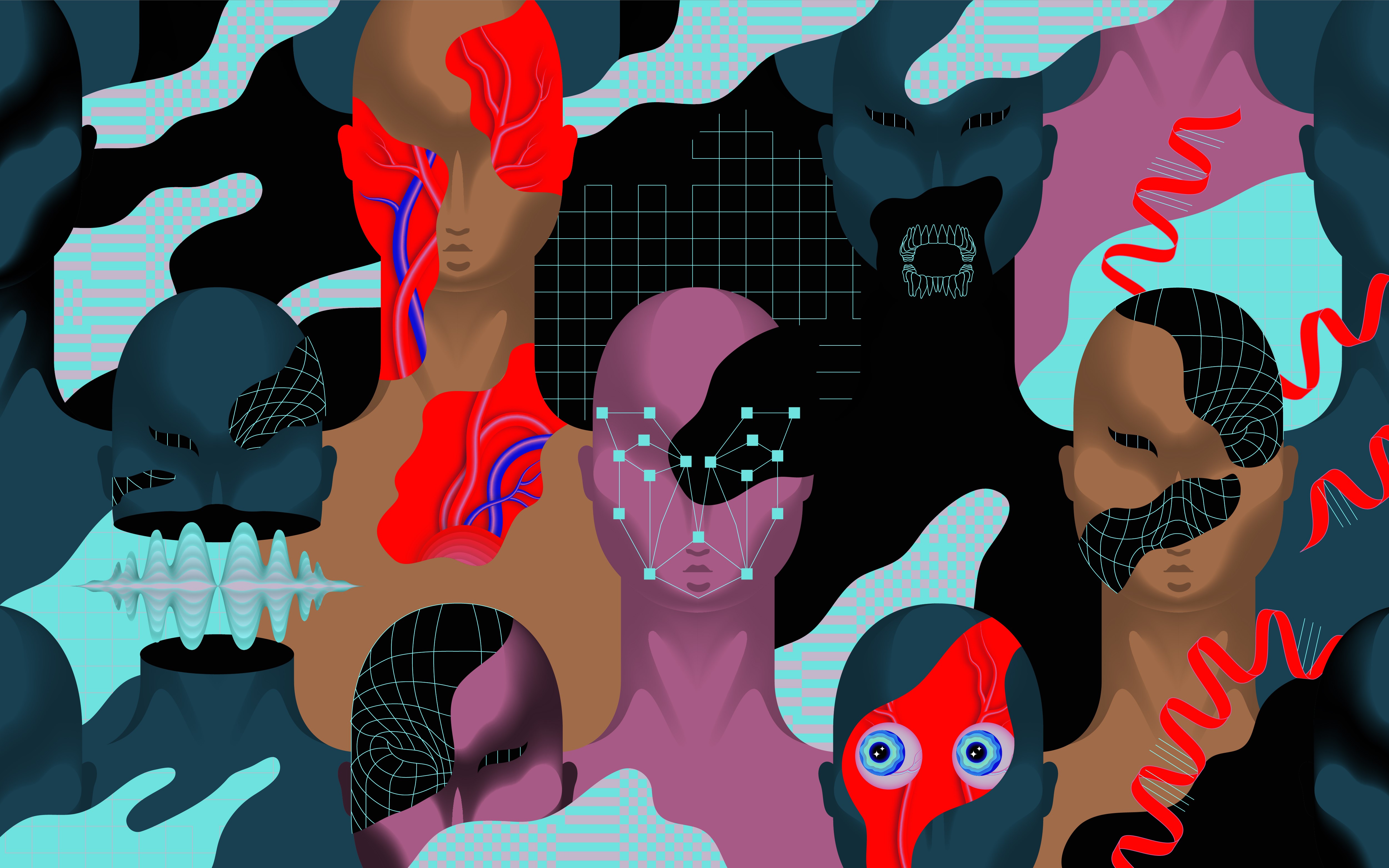 digital, illustration, ana kova, trippy, psychedelic, tech, cyan, HD Wallpaper