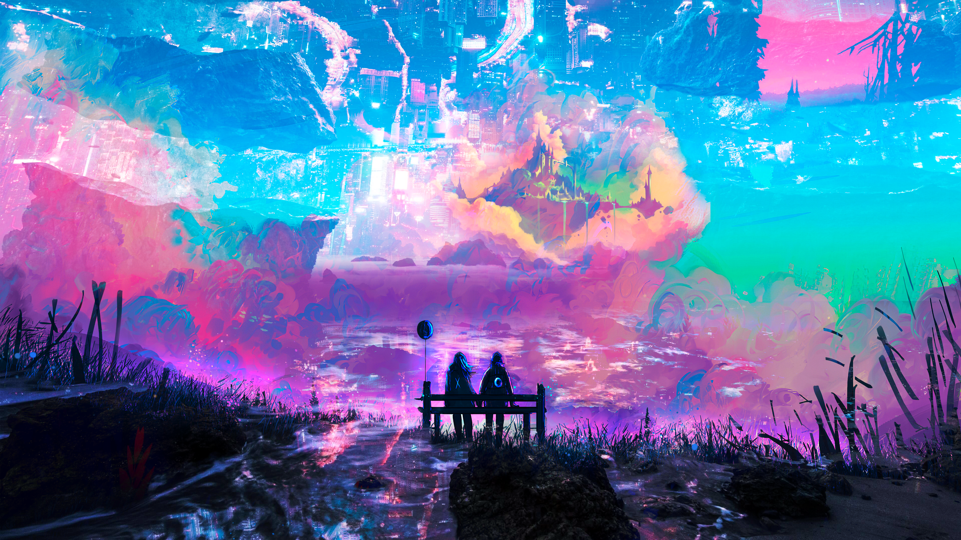 fantasy architecture, fantasy art, digital, landscape, futuristic, digital art, sky, pink, cyan, HD Wallpaper