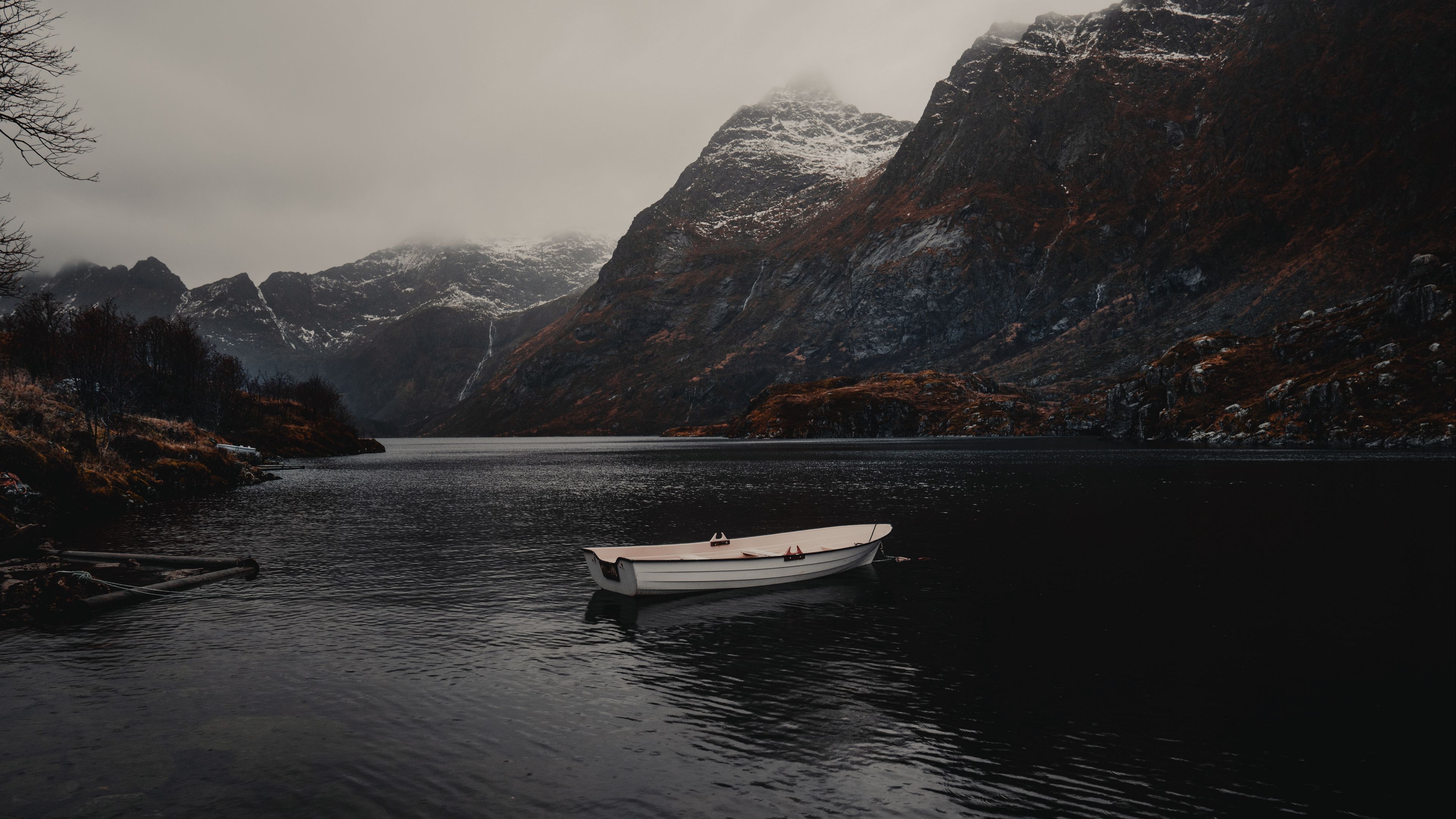 boat, lake, mountains, fog, 4k, HD Wallpaper