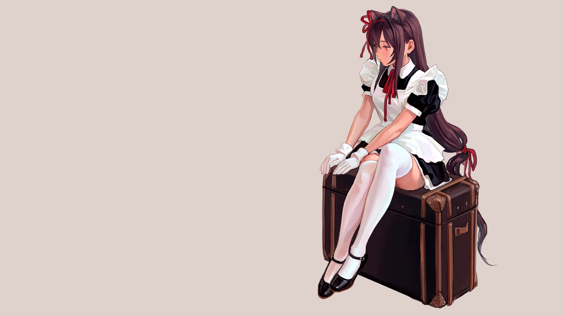 anime, anime girls, simple background, FKEY, maid, nekomimi, cat ears, stockings, white stockings, sitting, long hair, thigh-highs, thighs, HD Wallpaper